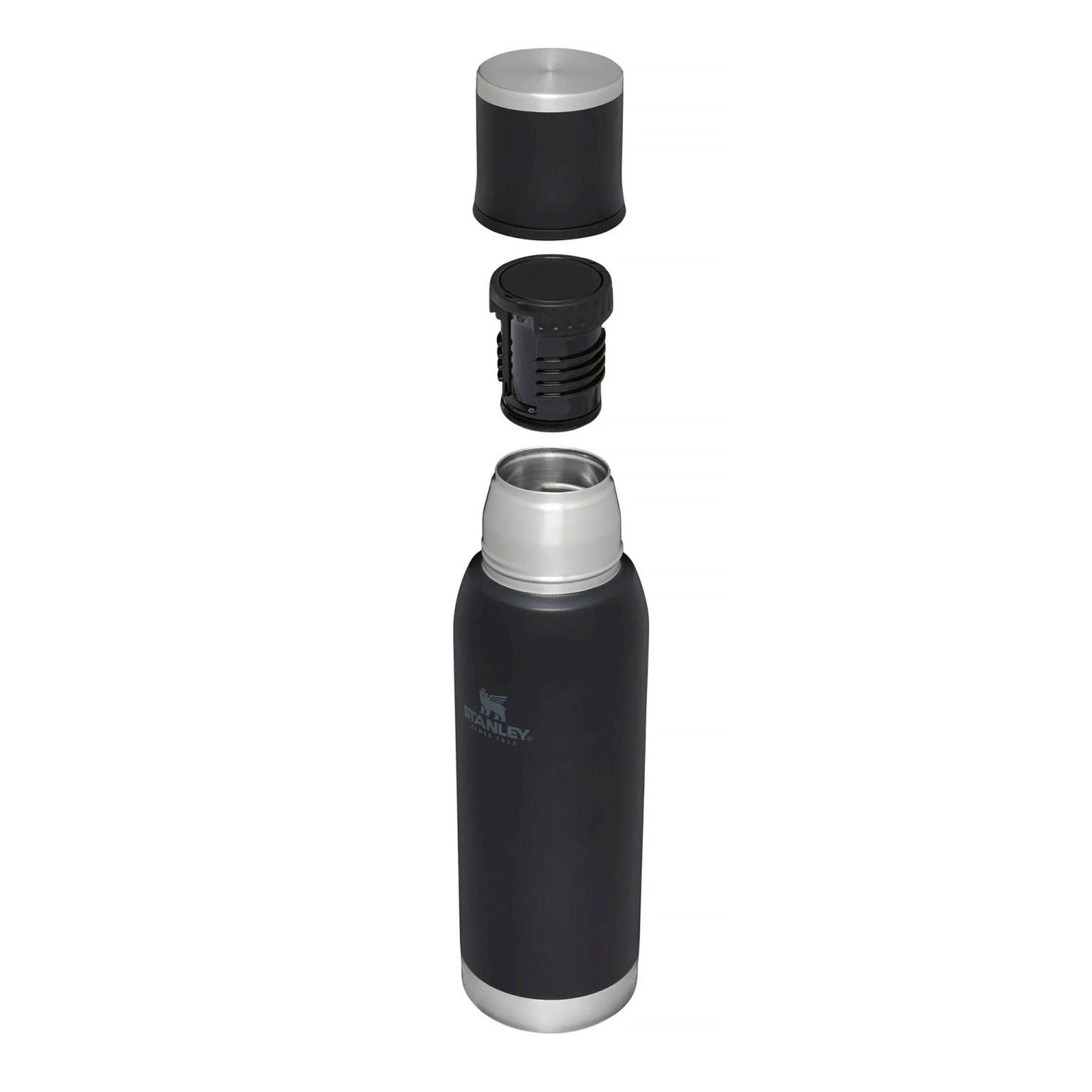 Stanley Adventure To Go 1.0L water bottle in stainless steel with a black cap, designed for outdoor hydration.