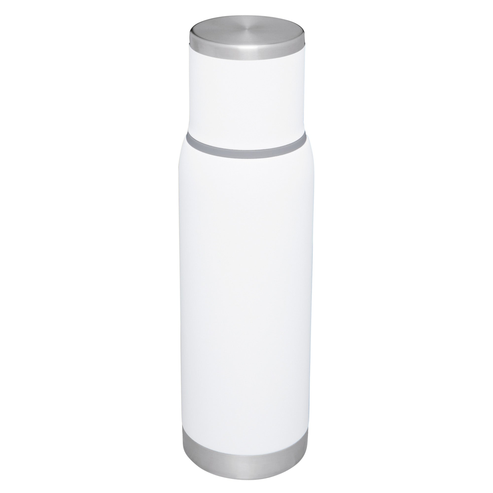 Stanley Adventure To Go 1.0L water bottle in stainless steel with a black lid and carrying handle, outdoor-ready hydration container