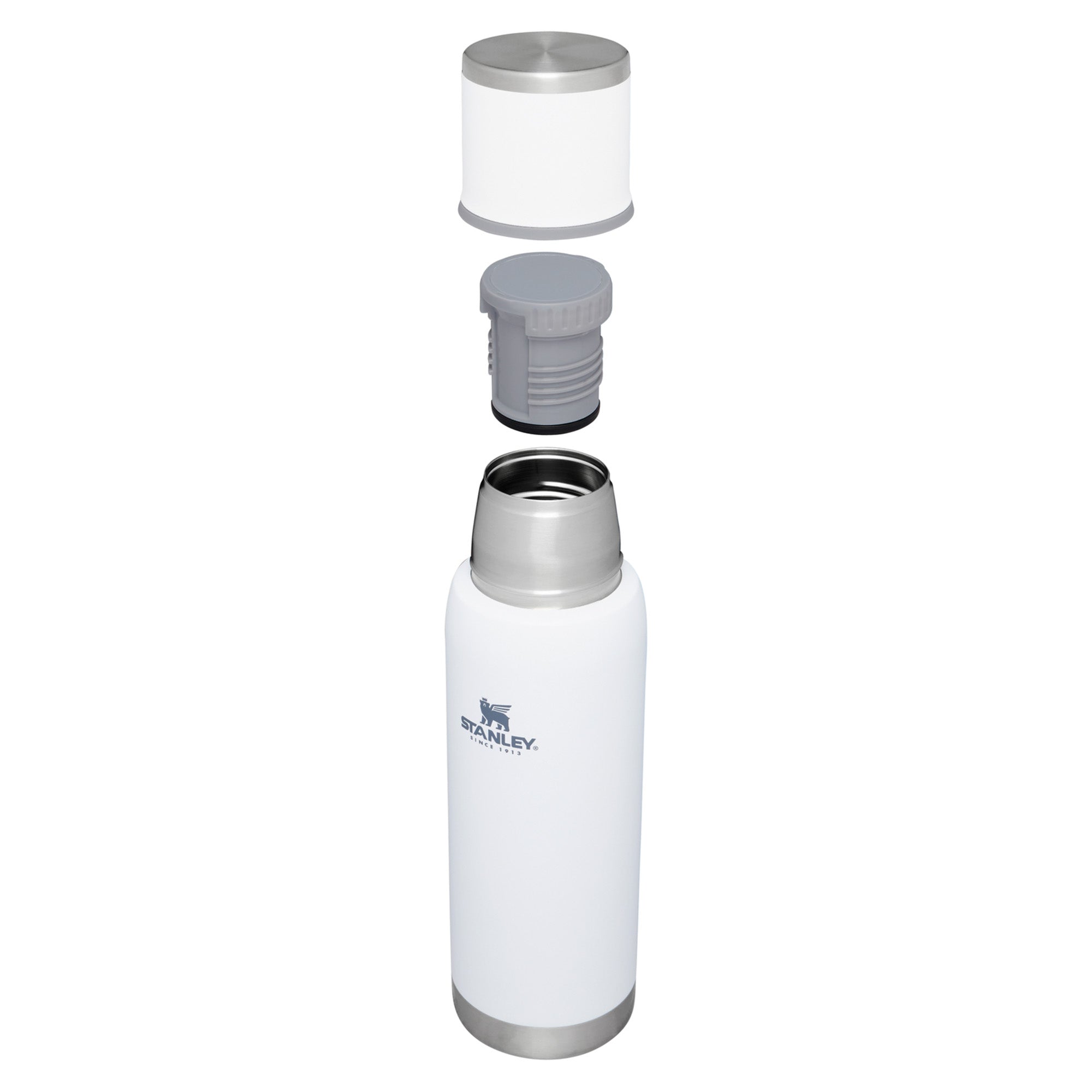 Stanley Adventure To Go 1.0L water bottle in stainless steel with a black screw cap and carrying handle on a white background.