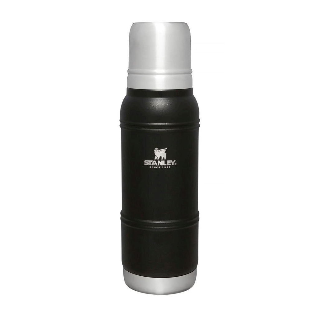 Stanley Artisan Thermal Water Bottle 1.0L in stainless steel with black lid, designed for hot and cold beverages.