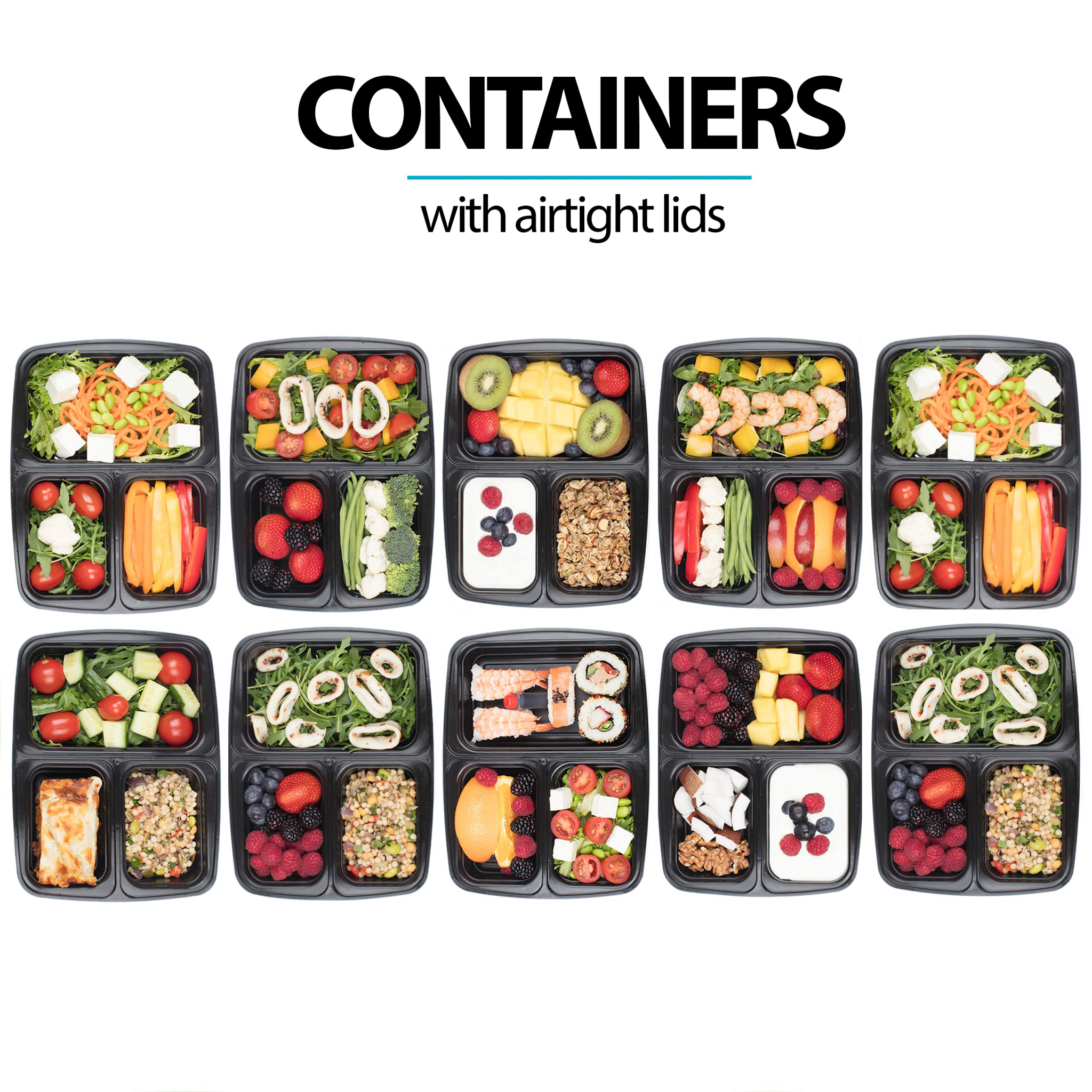 Set of 10 Igluu Meal Prep 3-compartment reusable containers with airtight lids, 946ml capacity, ideal for meal prep and storage.