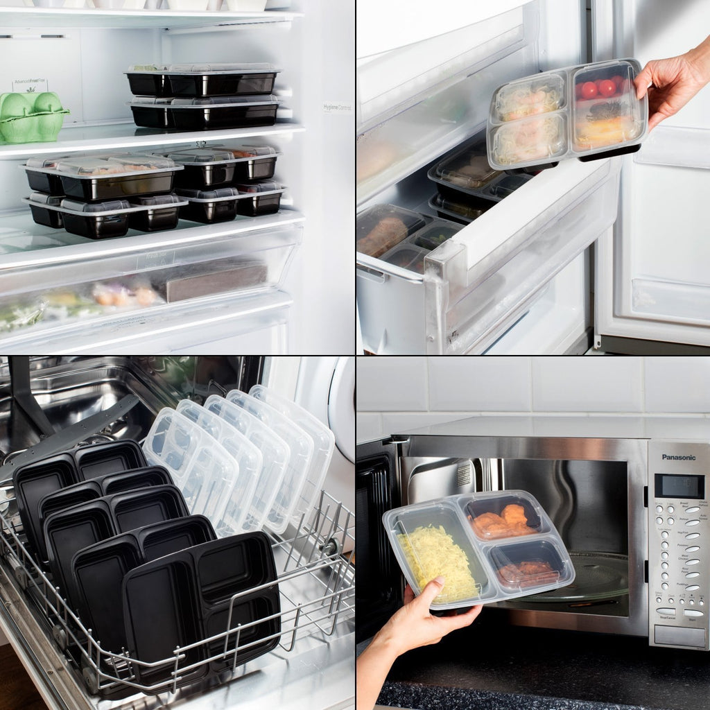Set of 10 BPA-free Igluu meal prep containers with three compartments and airtight lids, ideal for food storage and organization.