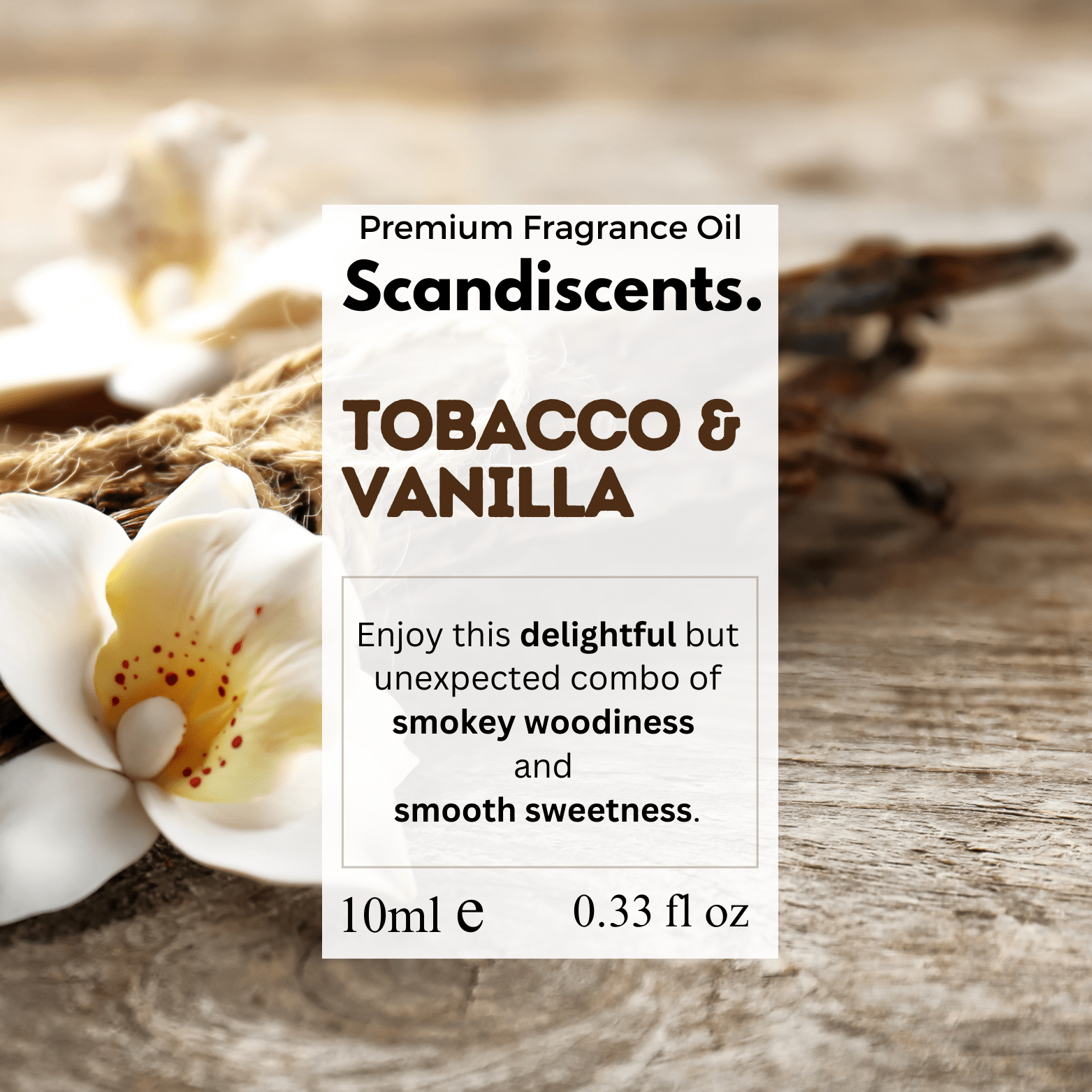 Scandiscents Tobacco & Vanilla fragrance oil bottle with a dark amber liquid and a sleek label for aromatic use.