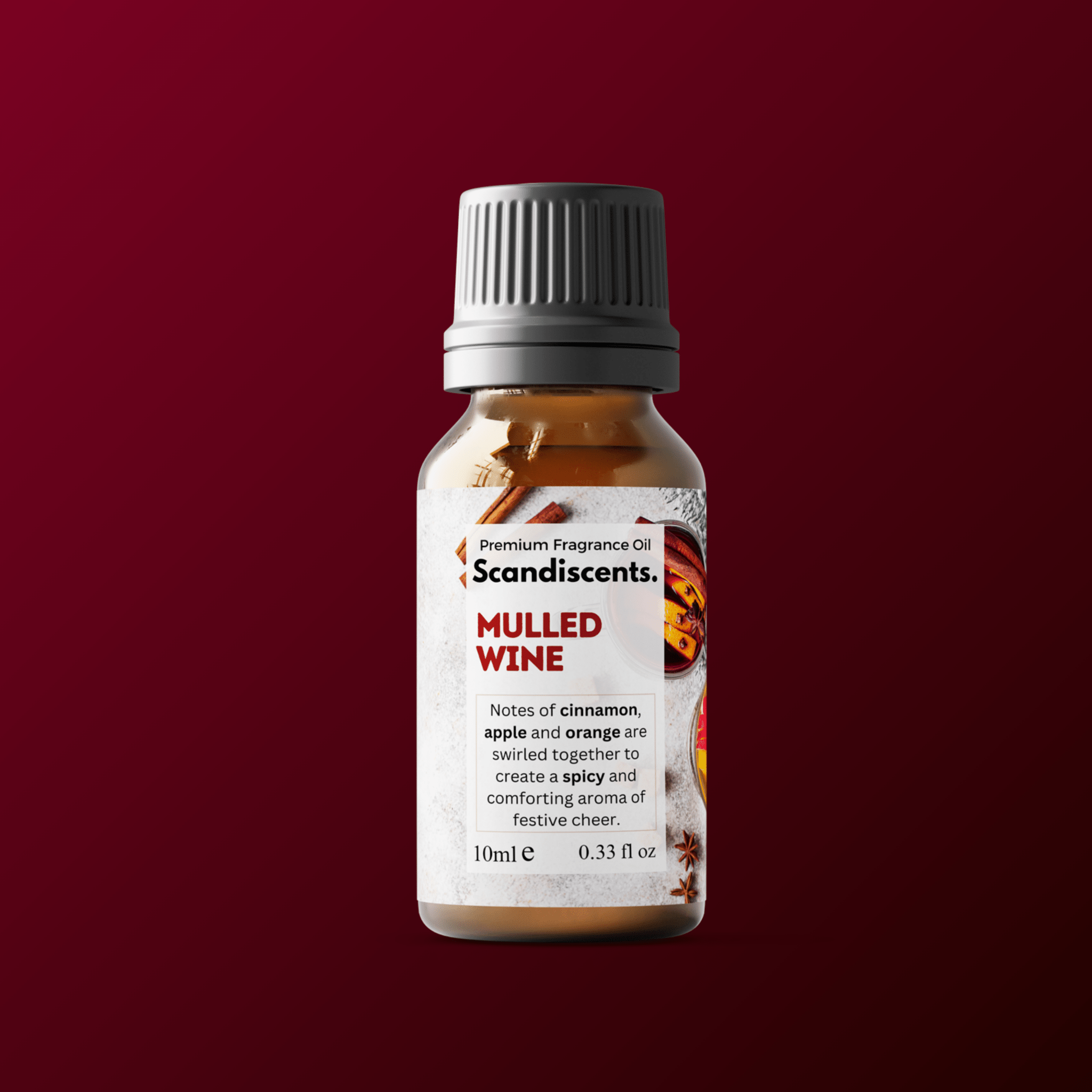 Scandiscents mulled wine fragrance oil bottle with label, showcasing warm, spicy scent for home ambiance.