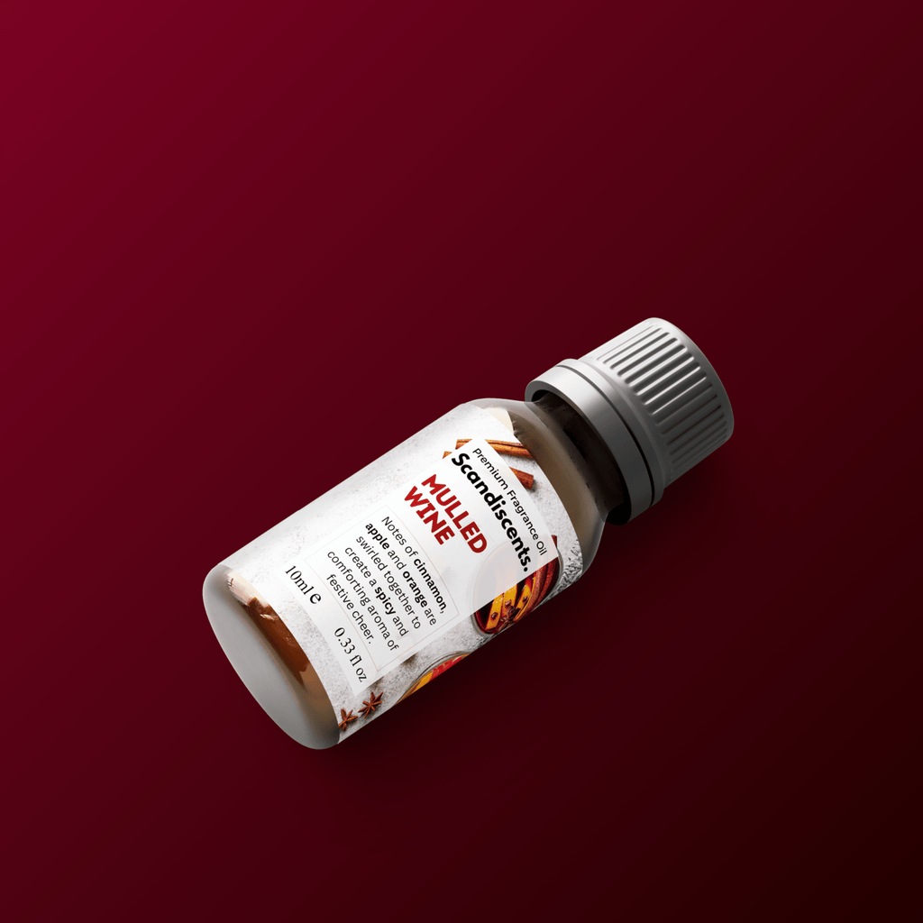 Scandiscents mulled wine fragrance oil bottle with label, showcasing warm, aromatic scent for home fragrance use.