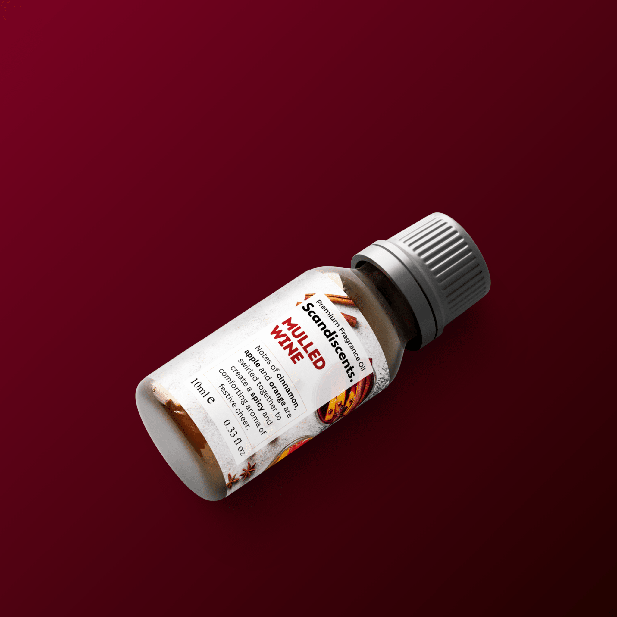Scandiscents mulled wine fragrance oil bottle with label, showcasing warm, aromatic scent for home fragrance use.