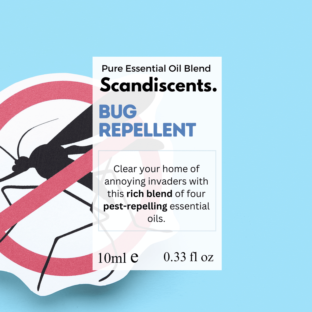 Scandiscents bug repellent essential oil bottle with natural ingredients, used for outdoor insect protection and aromatic purposes.
