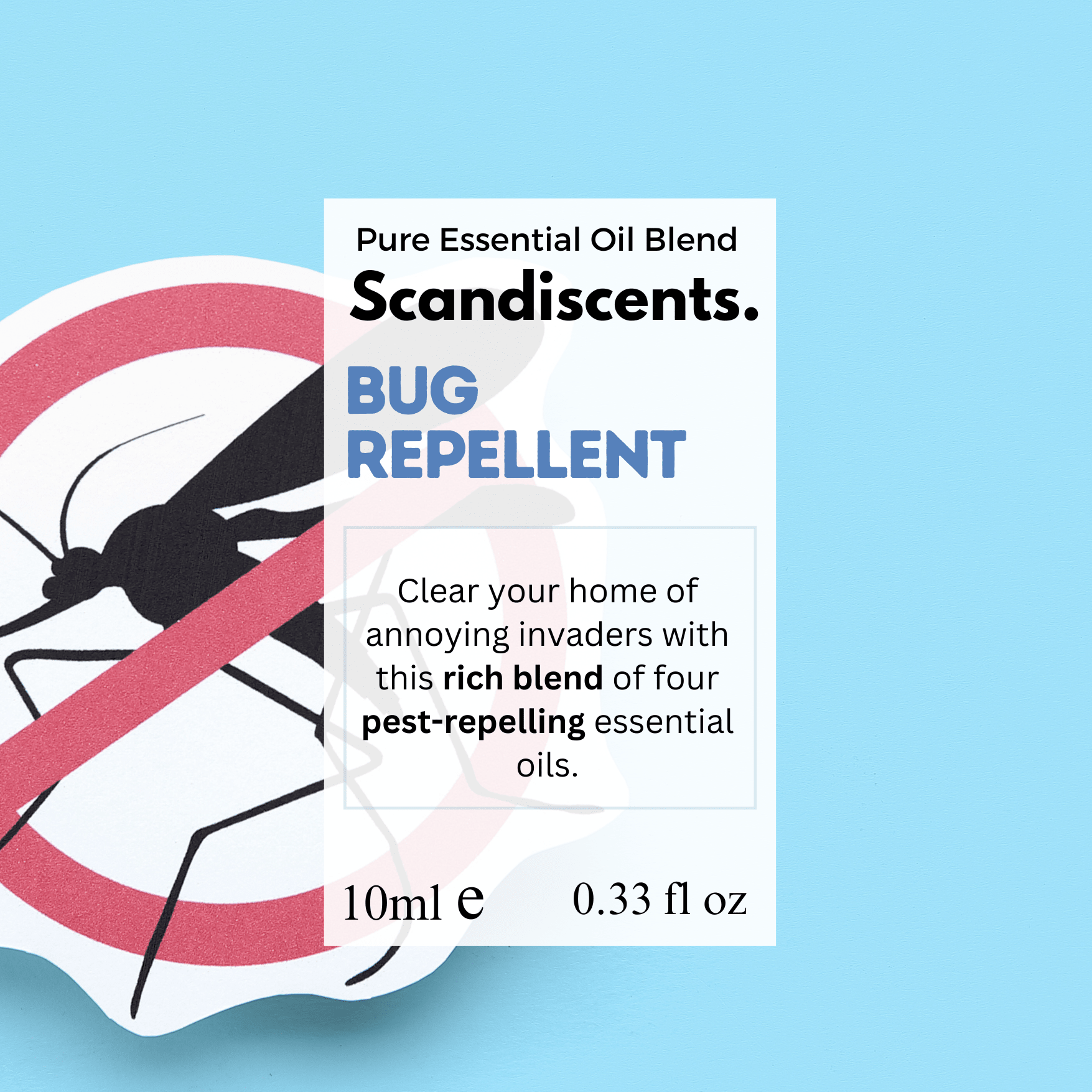 Scandiscents bug repellent essential oil bottle with natural ingredients, used for outdoor insect protection and aromatic purposes.