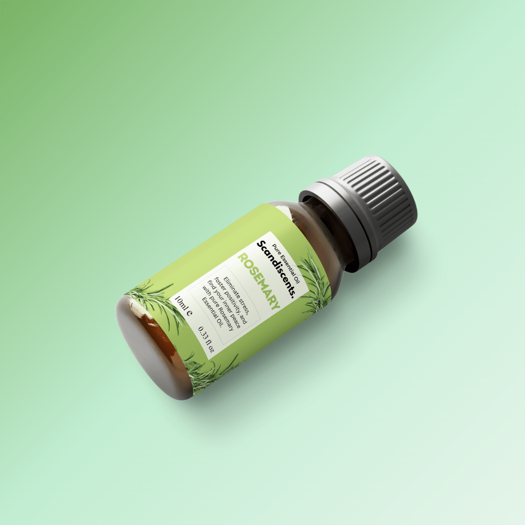 Scandiscents rosemary essential oil bottle, natural essential oil for de-stressing and anti-anxiety relief, amber glass container with label.