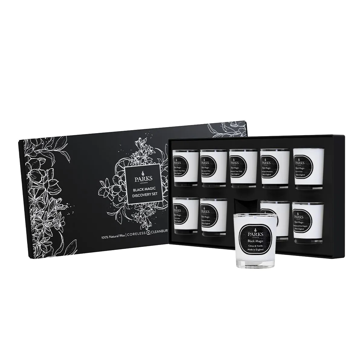 Set of 10 Parks Candles Black Magic Discovery candles, 40g each, with black packaging and wick visible in the image.