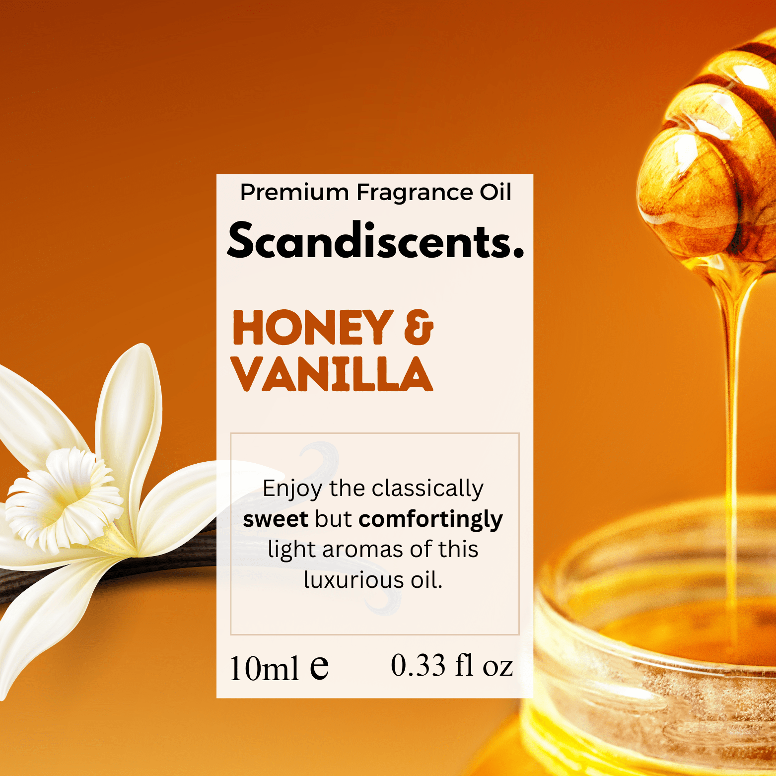 Scandiscents Honey & Vanilla fragrance oil bottle with a clear glass container and white cap, showcasing warm, sweet scent.