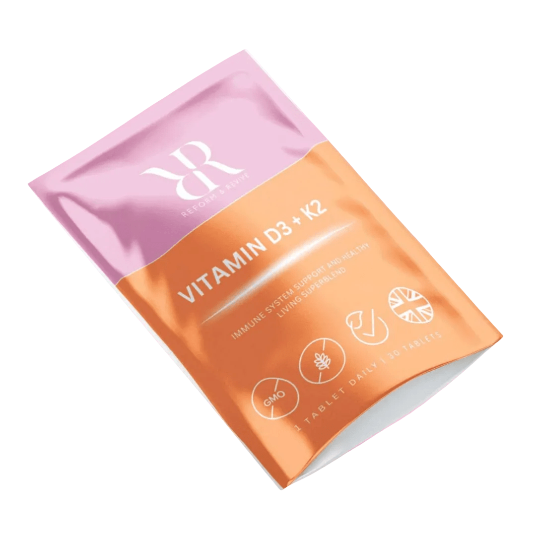 Reform and Revive Vitamin D3 + K2 4000 IU bottle with capsules, showcasing the supplement for bone and immune health.