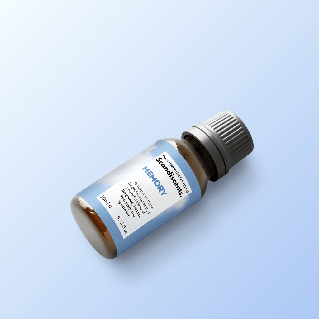 Scandiscents Memory Essential Oil Blend in a glass bottle with a dropper, featuring a label with natural and calming design elements.