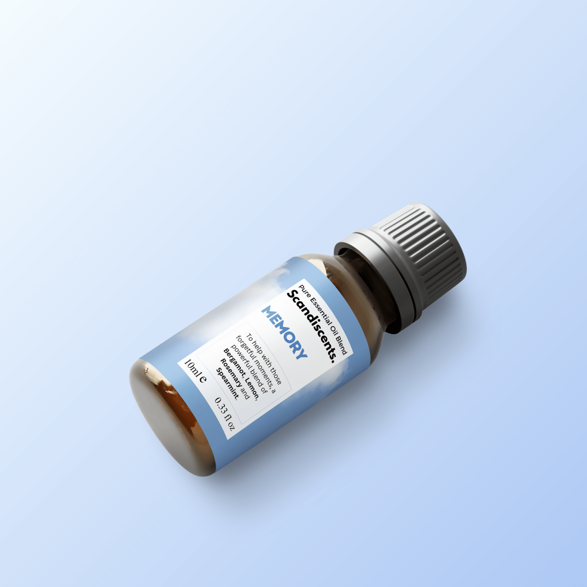 Scandiscents Memory Essential Oil Blend in a glass bottle with a dropper, featuring a label with natural and calming design elements.