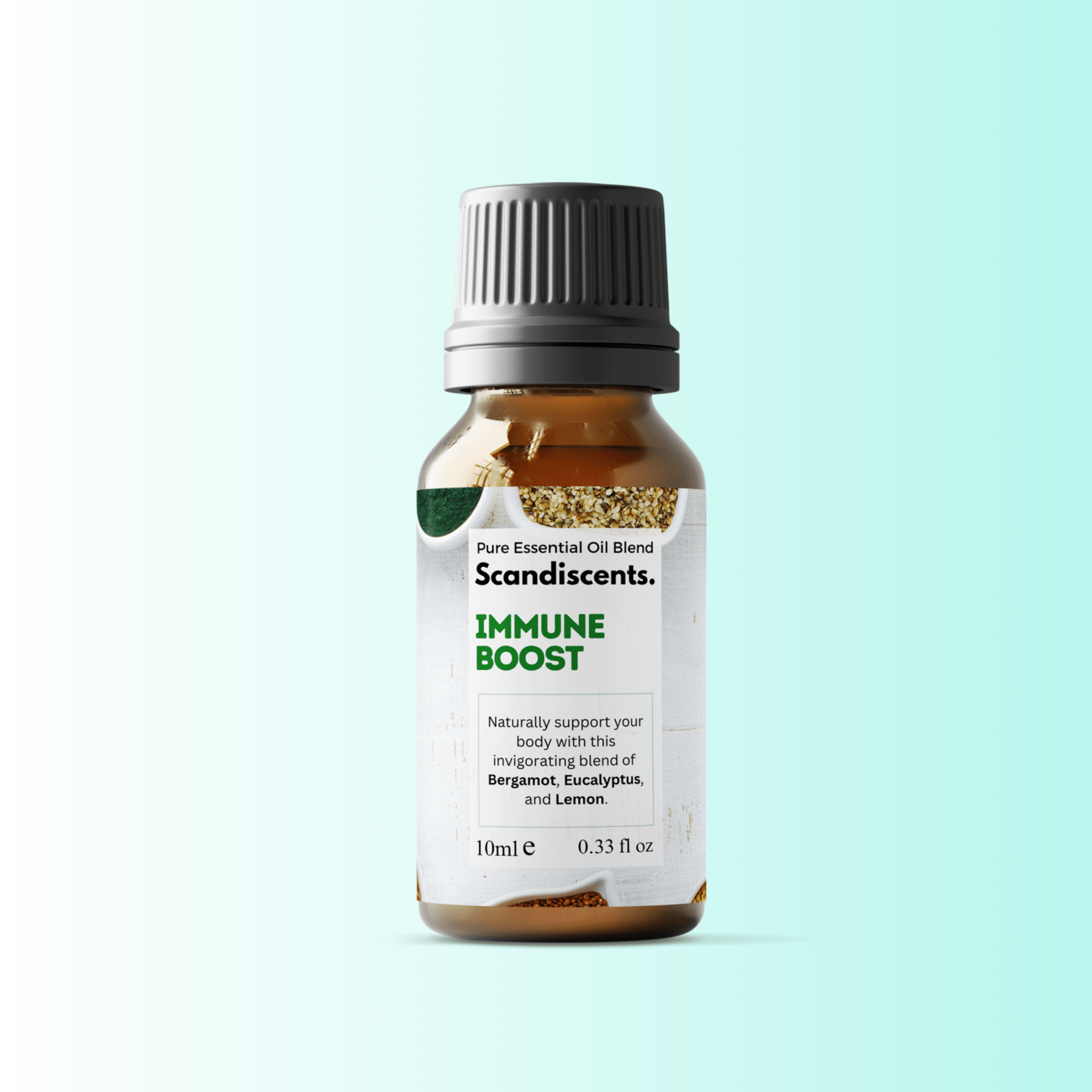 Scandiscents Immune Boost essential oil blend in a glass bottle with dropper, natural herbal ingredients for immune support.