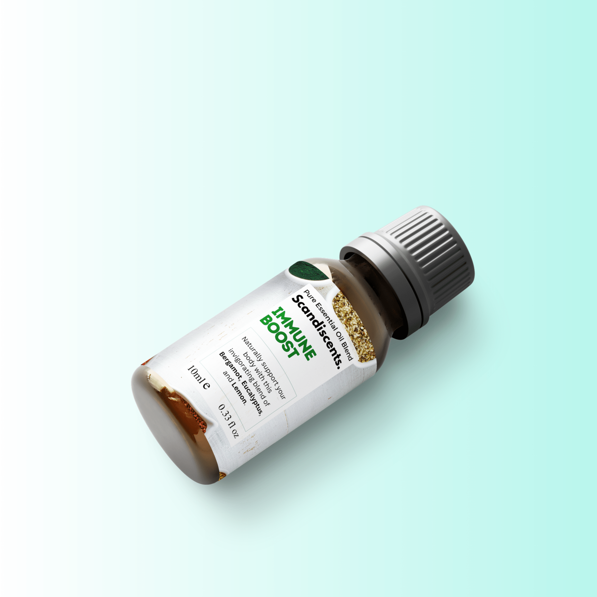 Scandiscents Immune Boost essential oil blend in a glass bottle with dropper, surrounded by fresh herbs and citrus slices.