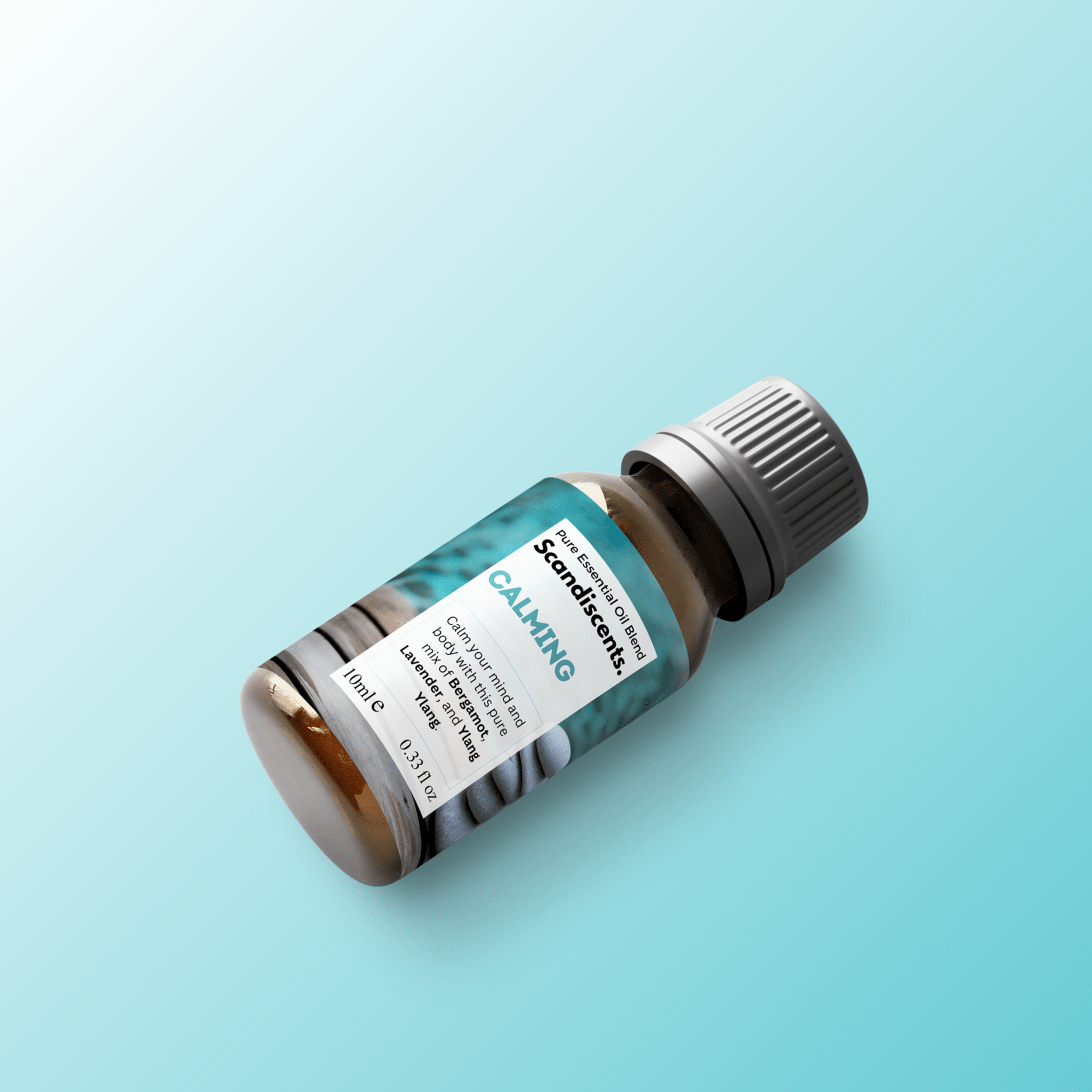 Scandiscents Calming essential oil blend in a glass bottle with a dropper, designed for aromatherapy and relaxation.