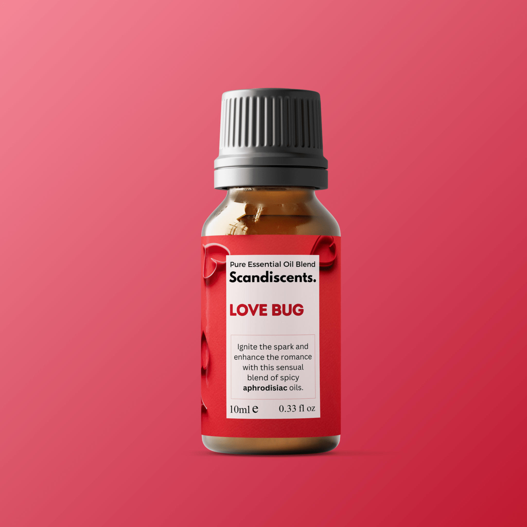 Scandiscents Love Bug essential oil blend in a glass bottle with a dropper, featuring a colorful label and floral design.