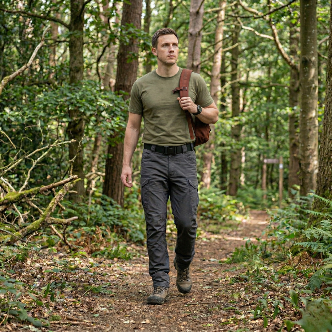 HikeWare™ elastic tactical hiking belt with quick-release buckle, black stretch strap suitable for outdoor activities and hiking.