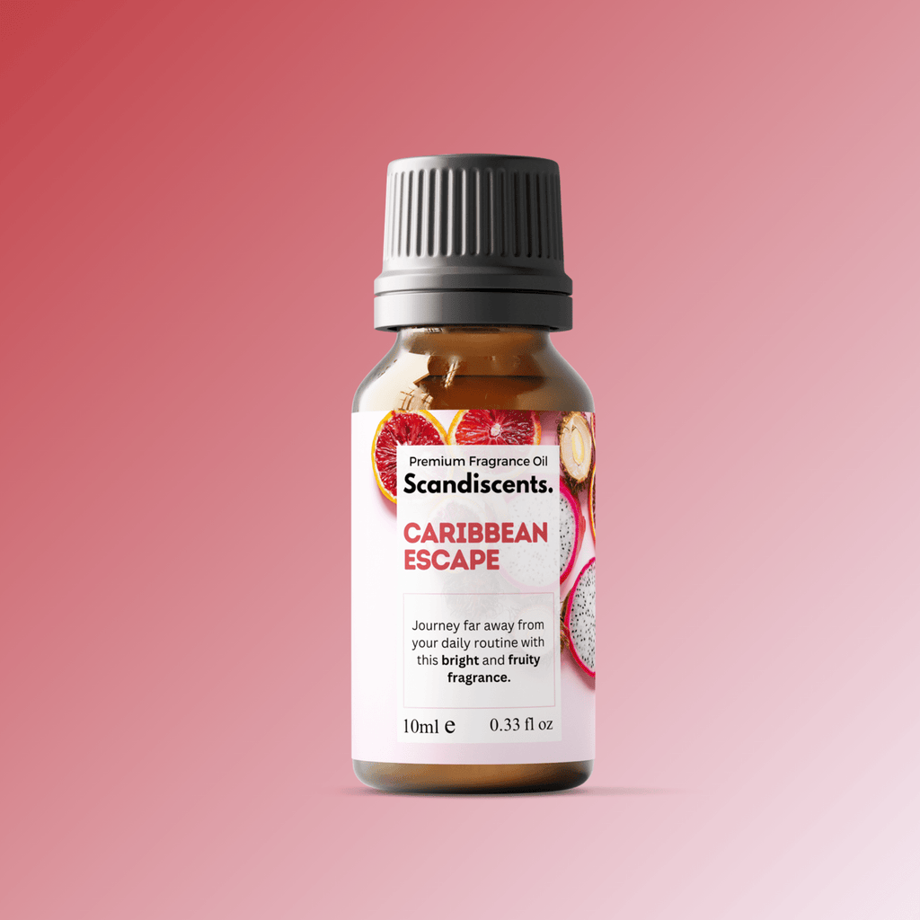 Scandiscents Caribbean Escape fragrance oil bottle with tropical-themed label and clear glass container.