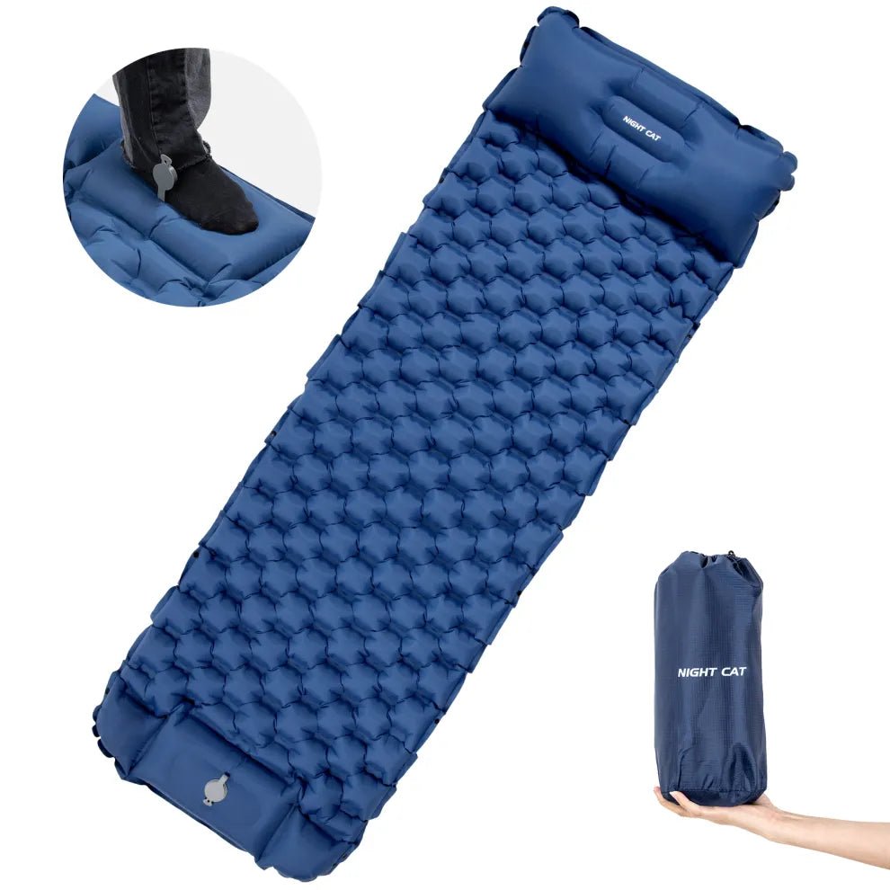 HikeWare Night Cat inflatable sleeping pad with integrated pillow, outdoor camping gear for comfortable sleep outdoors