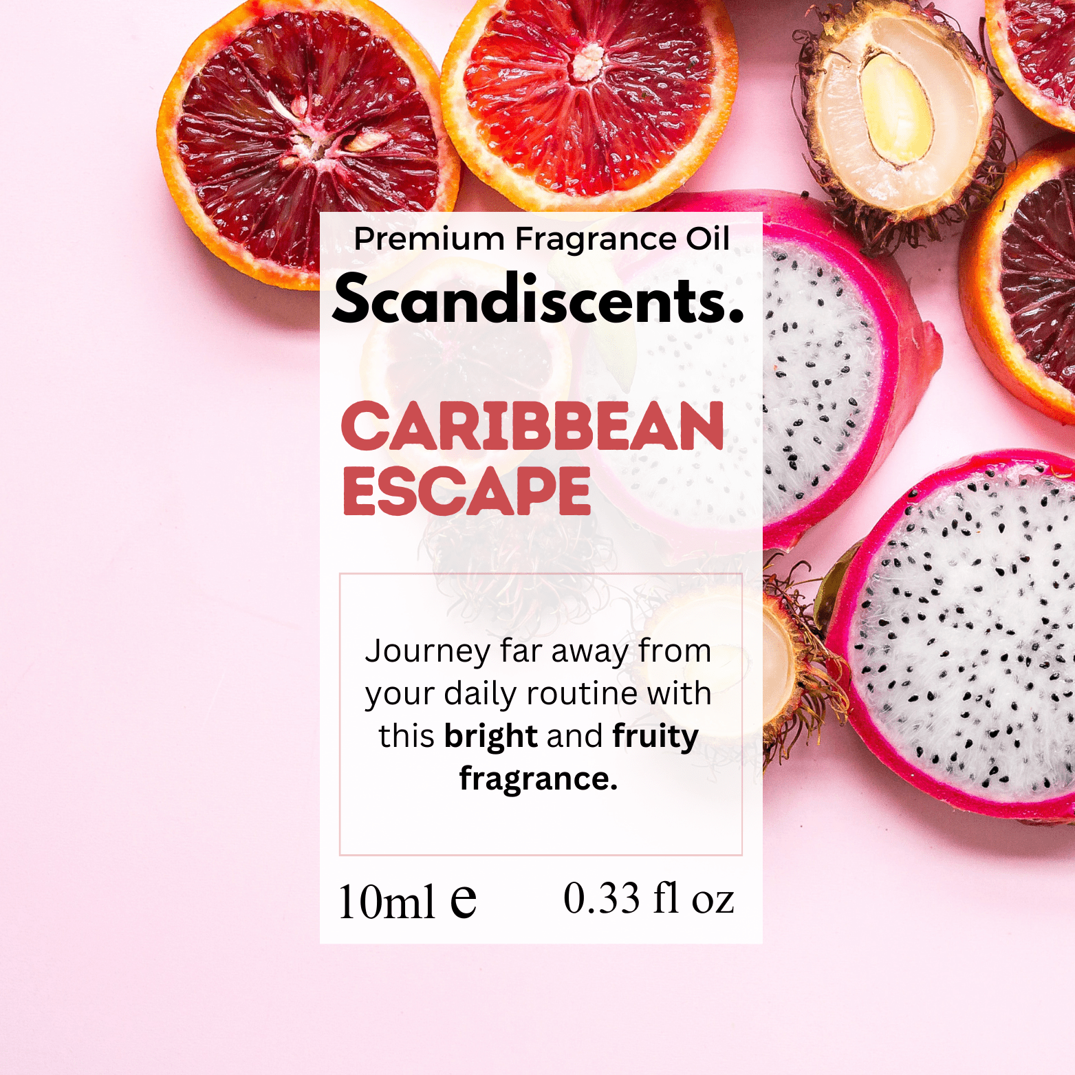 Scandiscents Caribbean Escape fragrance oil bottle with tropical-themed label and clear liquid inside.