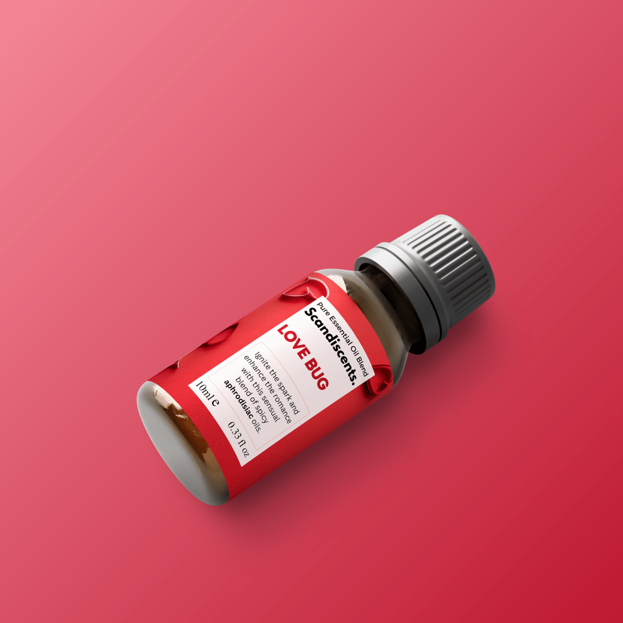 Bottle of Scandiscents Love Bug essential oil blend with colorful label, surrounded by natural ingredients and floral accents.