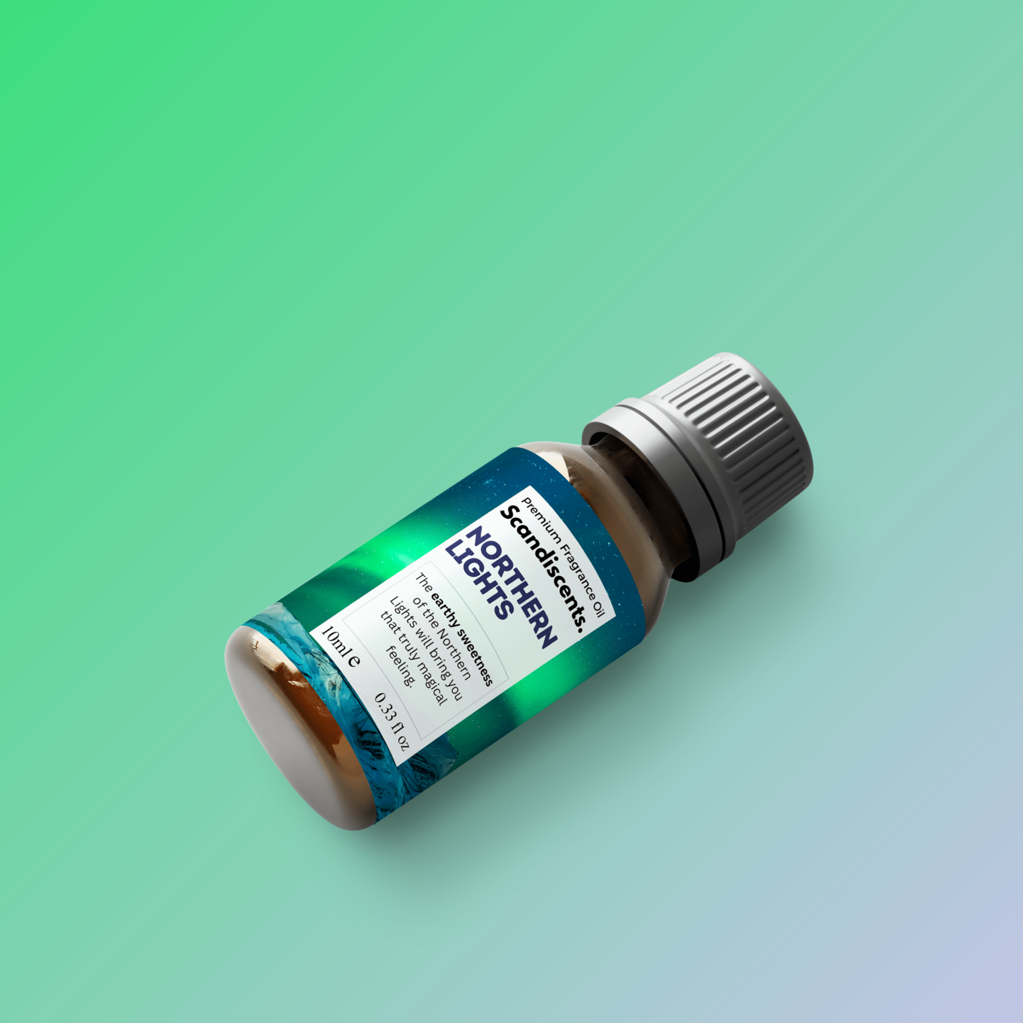 Scandiscents Northern Lights fragrance oil bottle with a sleek design, showcasing vibrant colors and elegant branding.