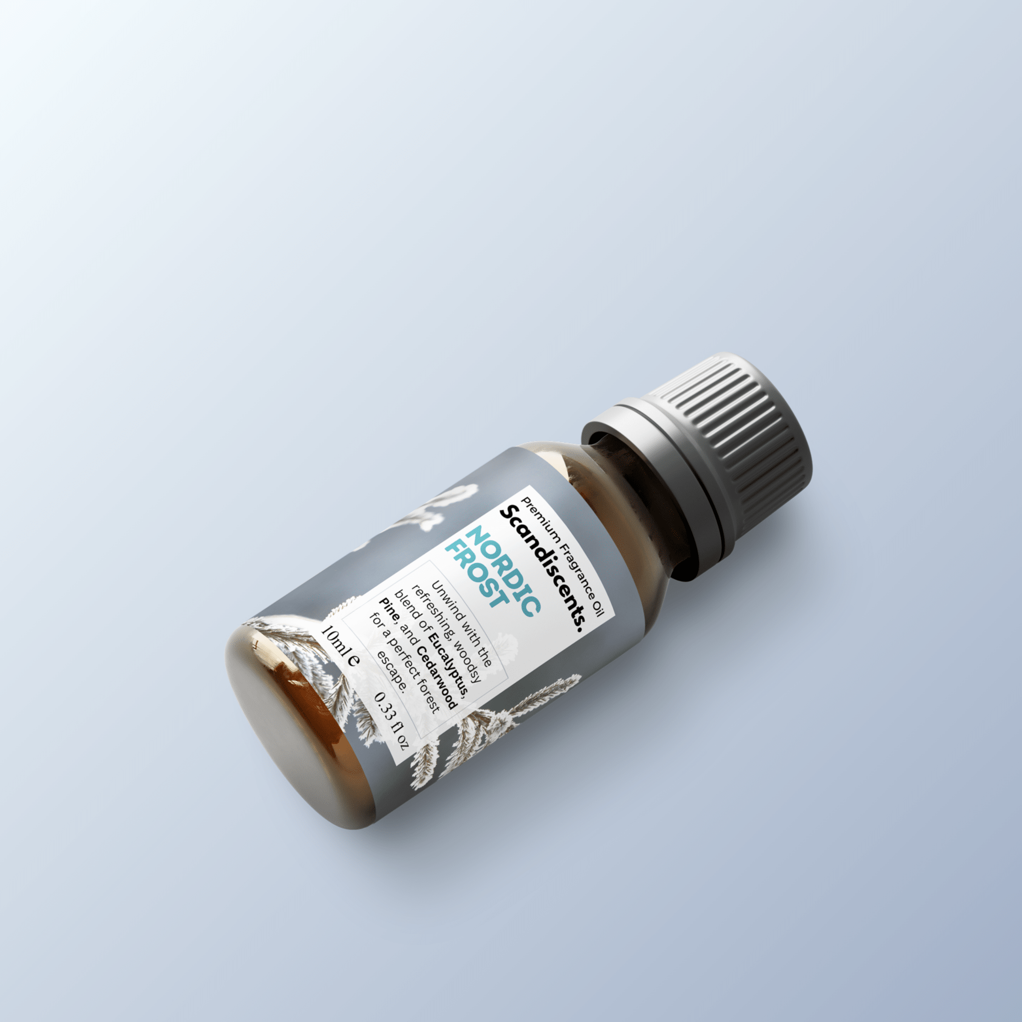Nordic Frost fragrance oil by Scandiscents in a glass bottle with a silver cap, showcasing a cool, wintery scent.