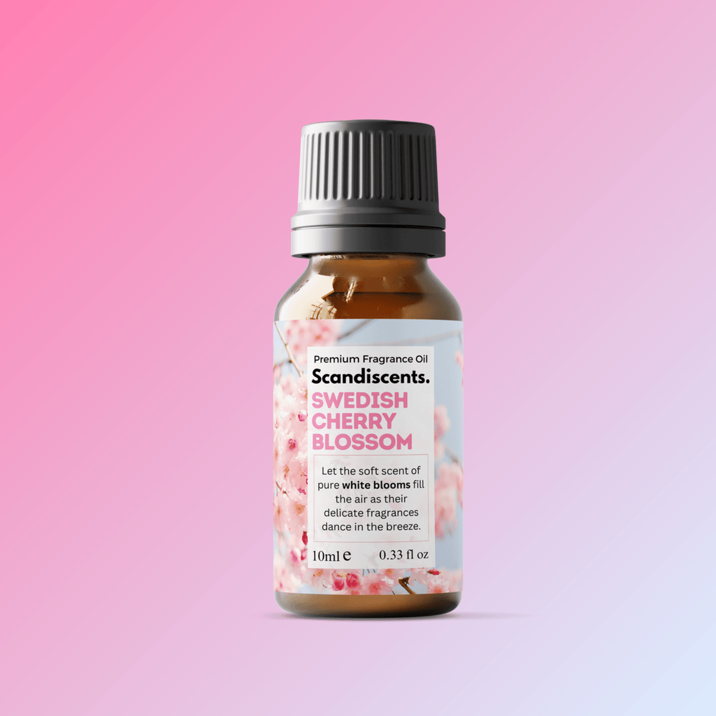 Swedish Cherry Blossom fragrance oil by Scandiscents, showing a clear glass bottle with cherry blossom scented oil and elegant label.