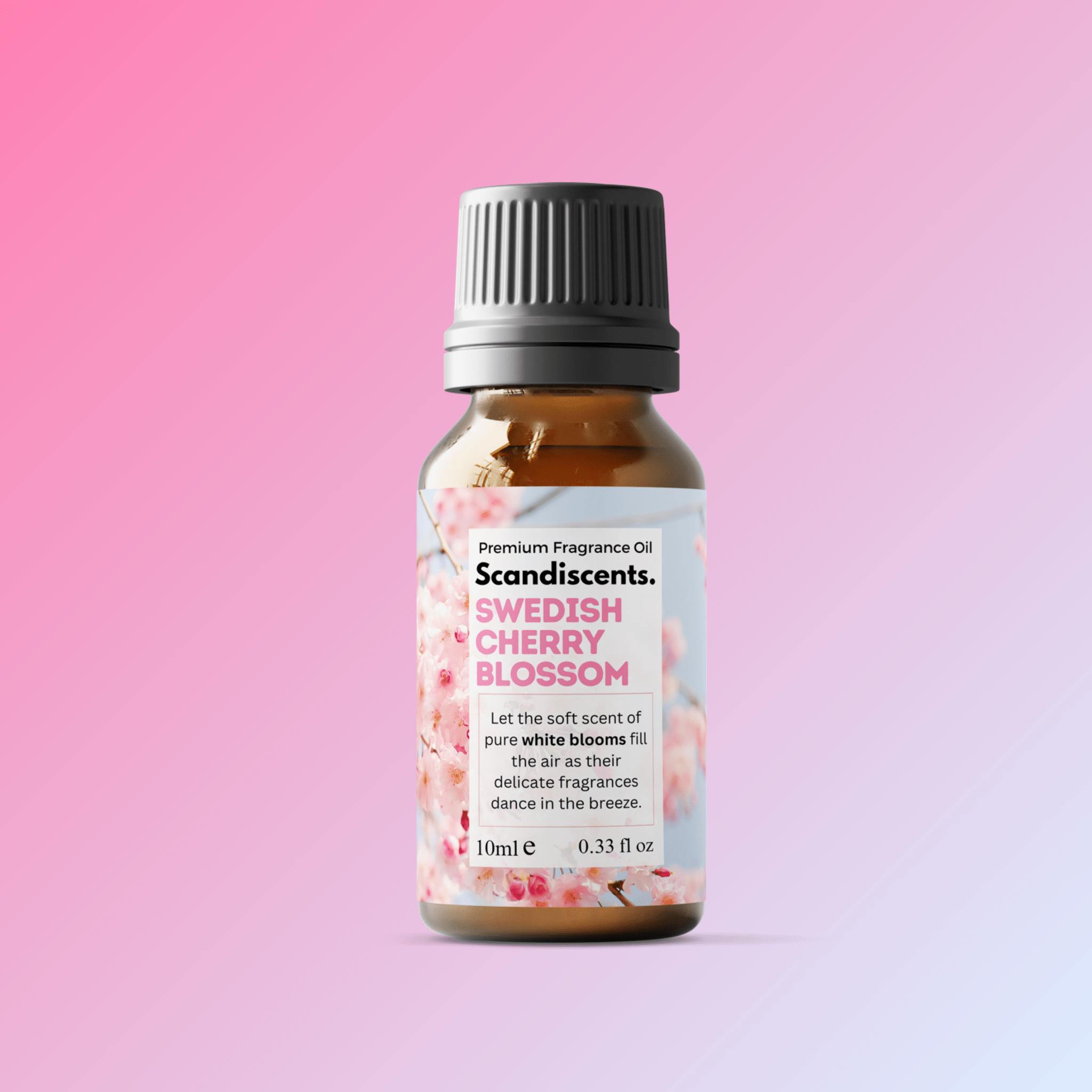 Swedish Cherry Blossom fragrance oil by Scandiscents, showing a clear glass bottle with cherry blossom scented oil and elegant label.