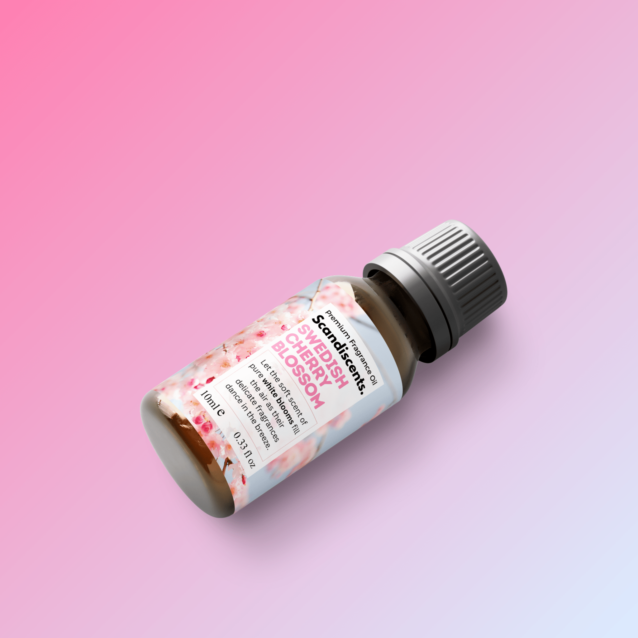 Scandiscents Swedish Cherry Blossom fragrance oil bottle with floral label and pink cherry blossom illustration.