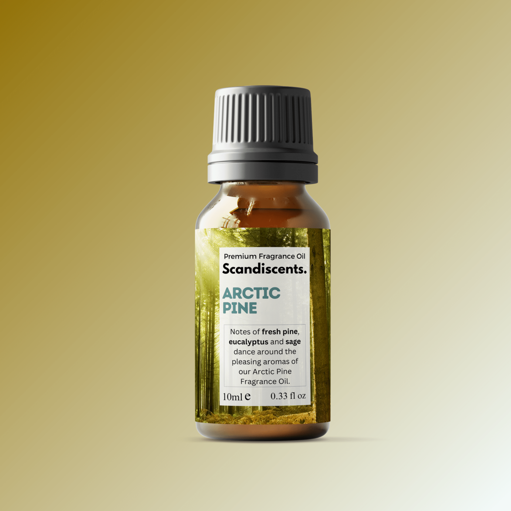 Scandiscents Arctic Pine fragrance oil bottle with label, showcasing the natural pine scent and product packaging.