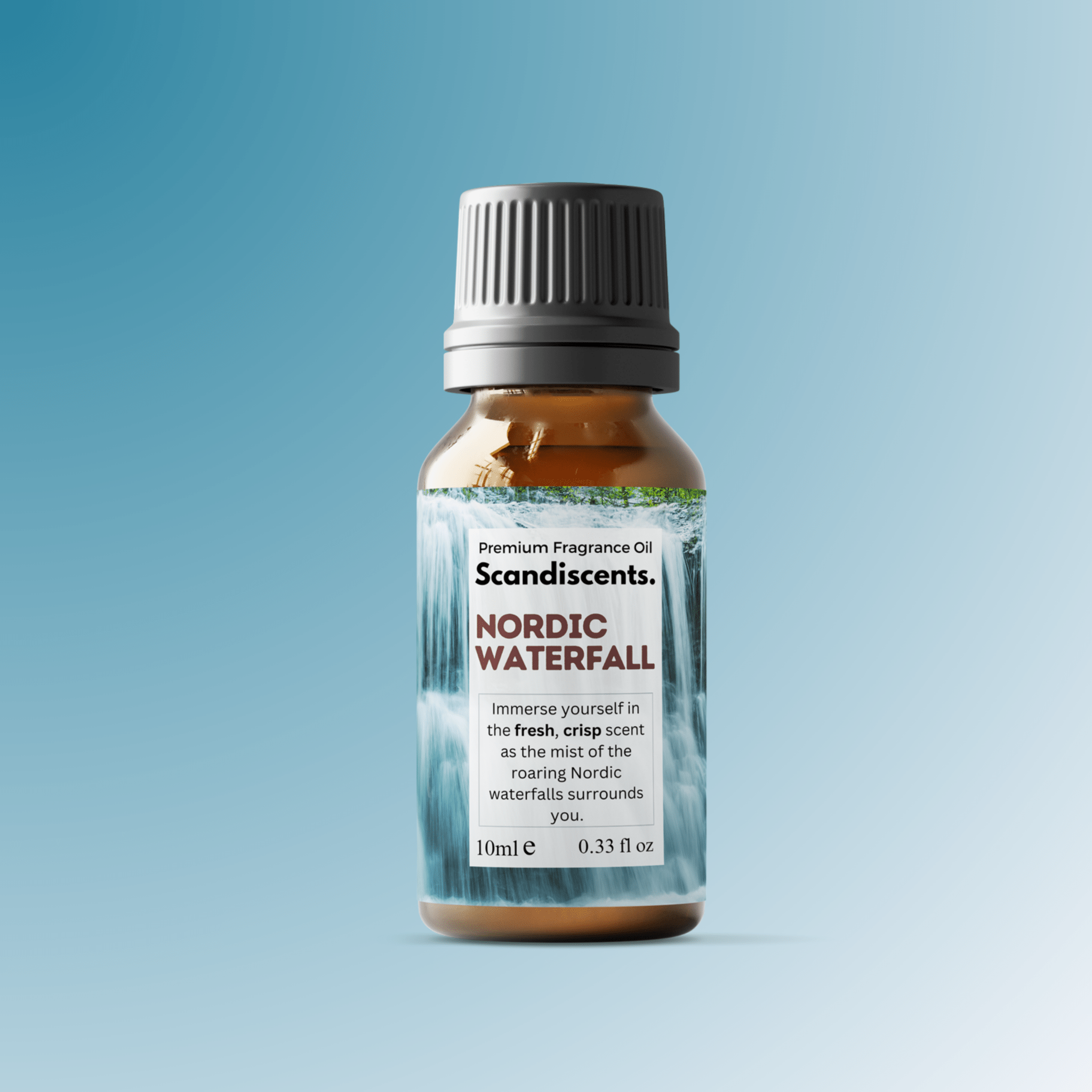 Scandiscents Nordic Waterfall fragrance oil bottle with a sleek design, surrounded by natural elements and a calming, waterfall-inspired theme.