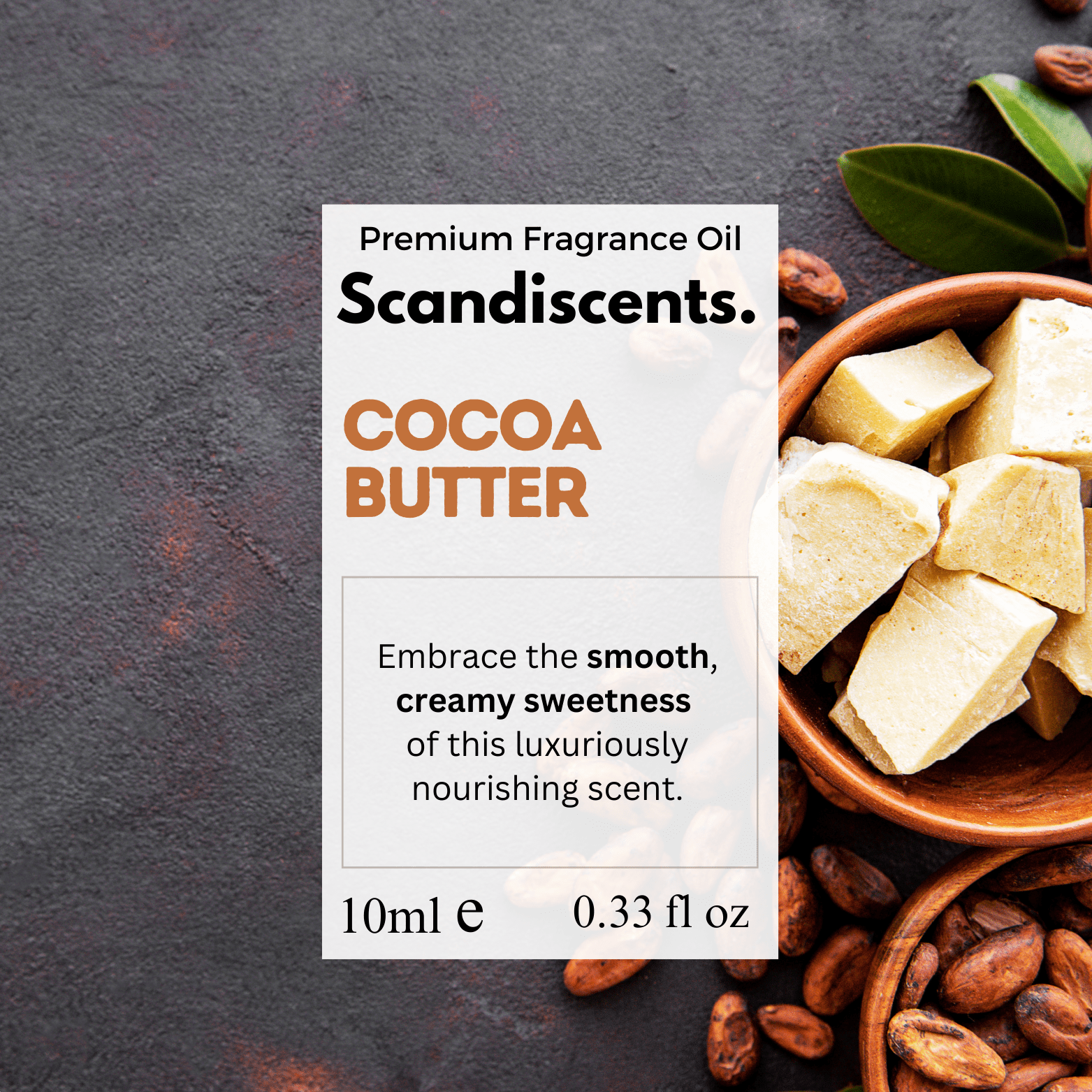 Scandiscents cocoa butter fragrance oil bottle with a clear label, set against a neutral background.
