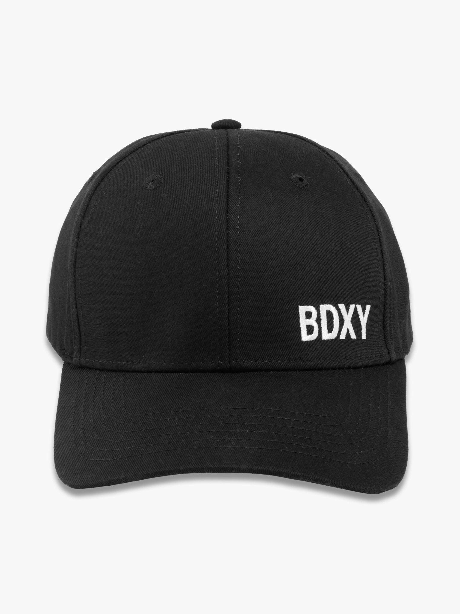 Black "The Focus" Classic Cap by BDXY Studios, featuring a sleek design and adjustable strap, shown from the front.