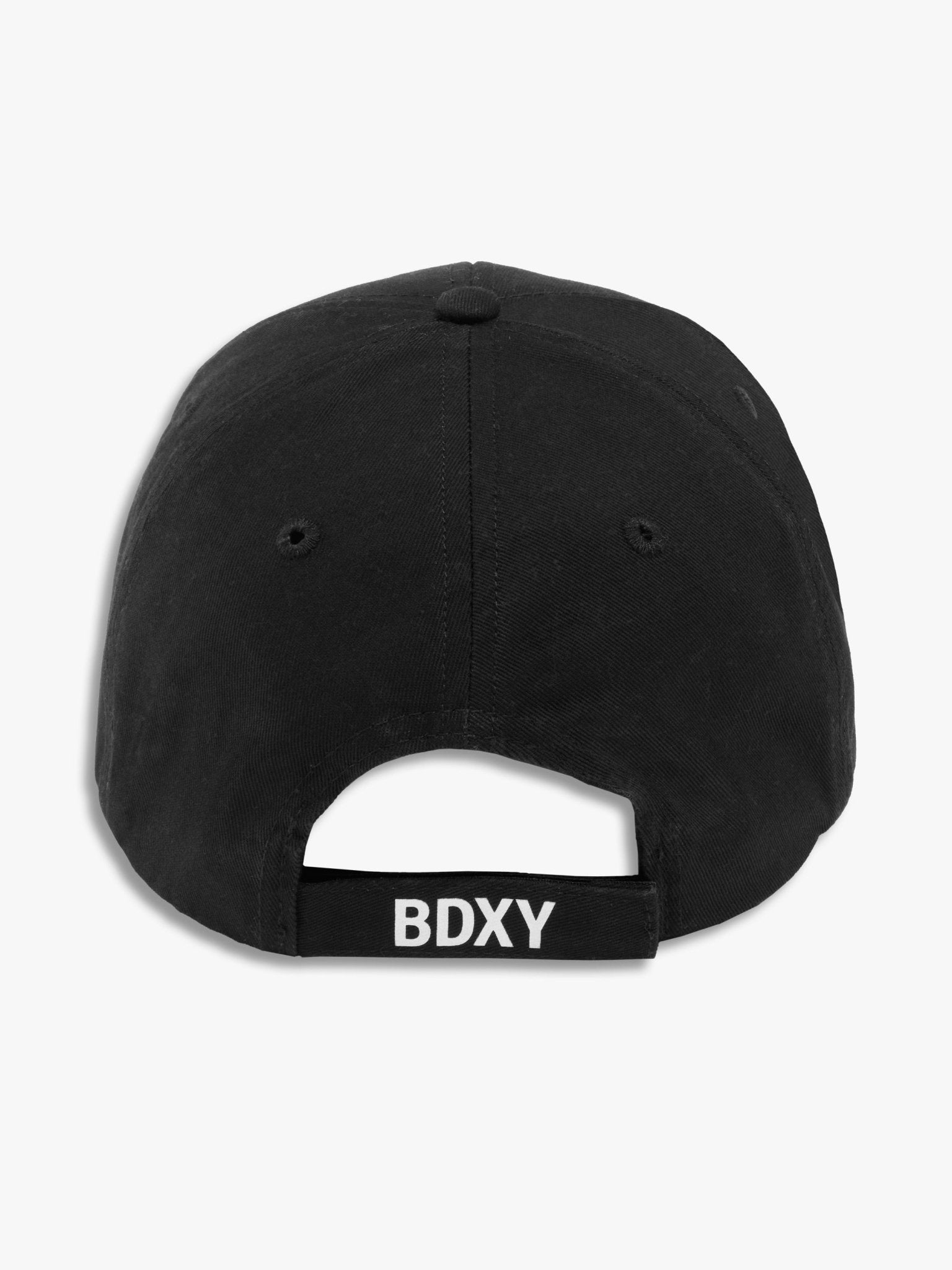 Black "The Focus" Classic Cap by BDXY Studios, showcasing a stylish adjustable cap with a curved brim and minimalist design.