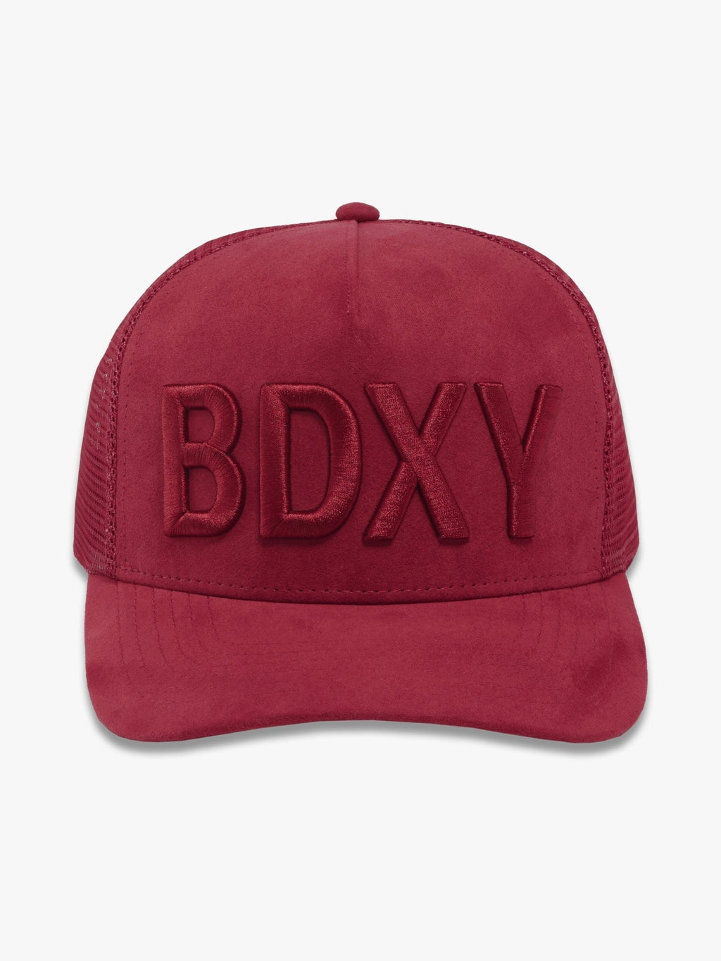 Burgundy "The Gaffer" trucker cap by BDXY Studios featuring mesh back and curved brim, casual streetwear style.