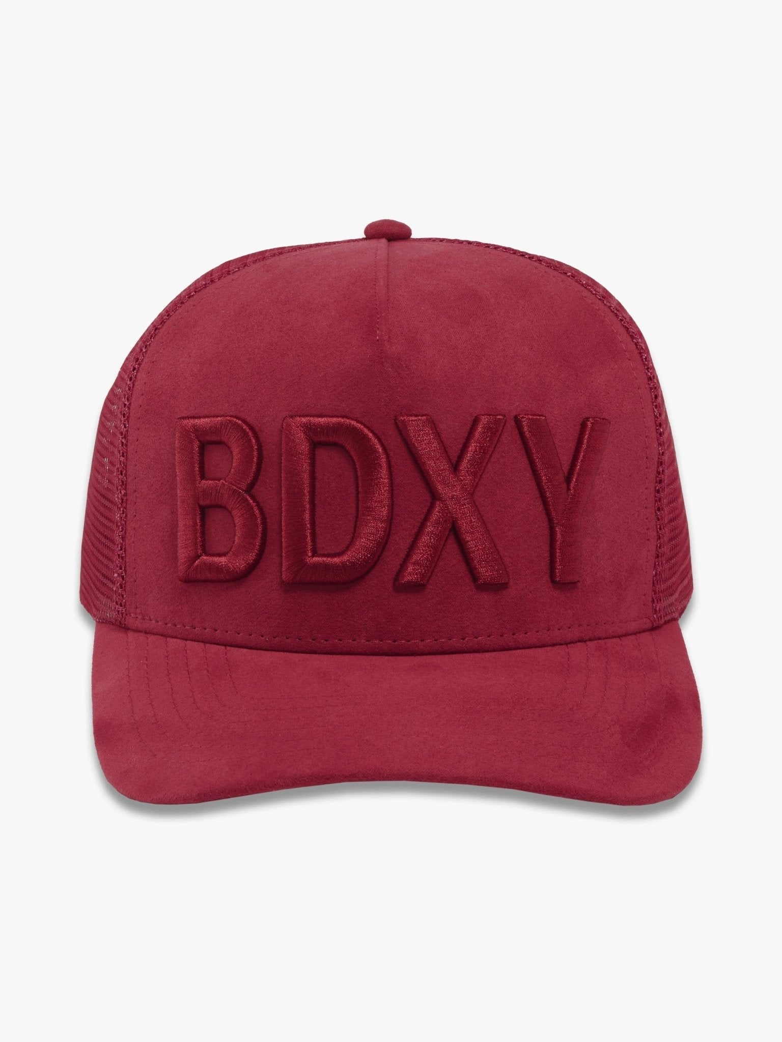 Burgundy "The Gaffer" trucker cap by BDXY Studios featuring mesh back and curved brim, casual streetwear style.