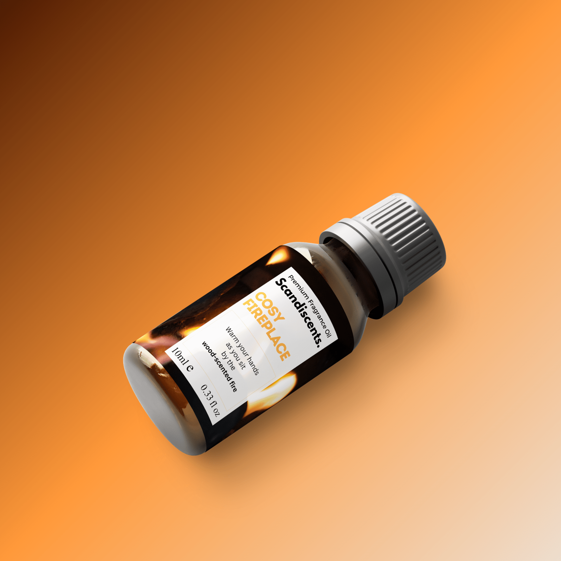 Scandiscents Cosy Fireplace fragrance oil bottle with warm-toned label, designed to evoke cozy, comforting ambiance