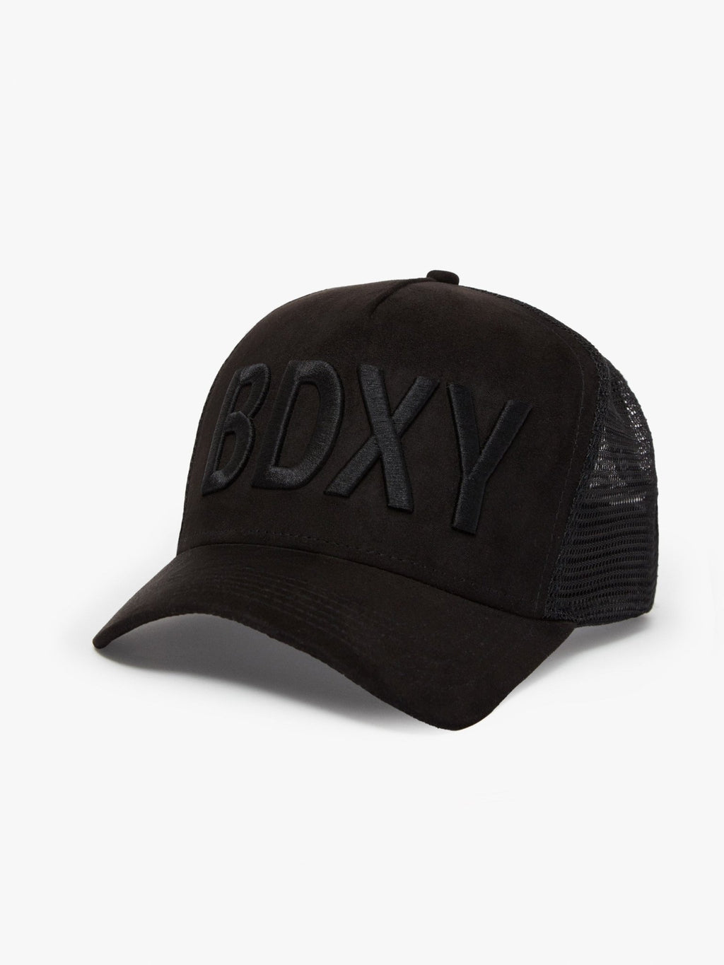 Black "The Gaffer" trucker cap by BDXY Studios with mesh back and curved brim, displayed on a plain background.