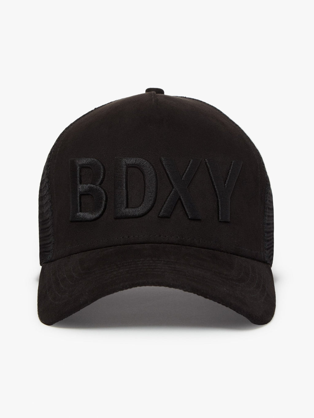 Black "The Gaffer" trucker cap by BDXY Studios featuring mesh back and curved brim, casual outdoor style.