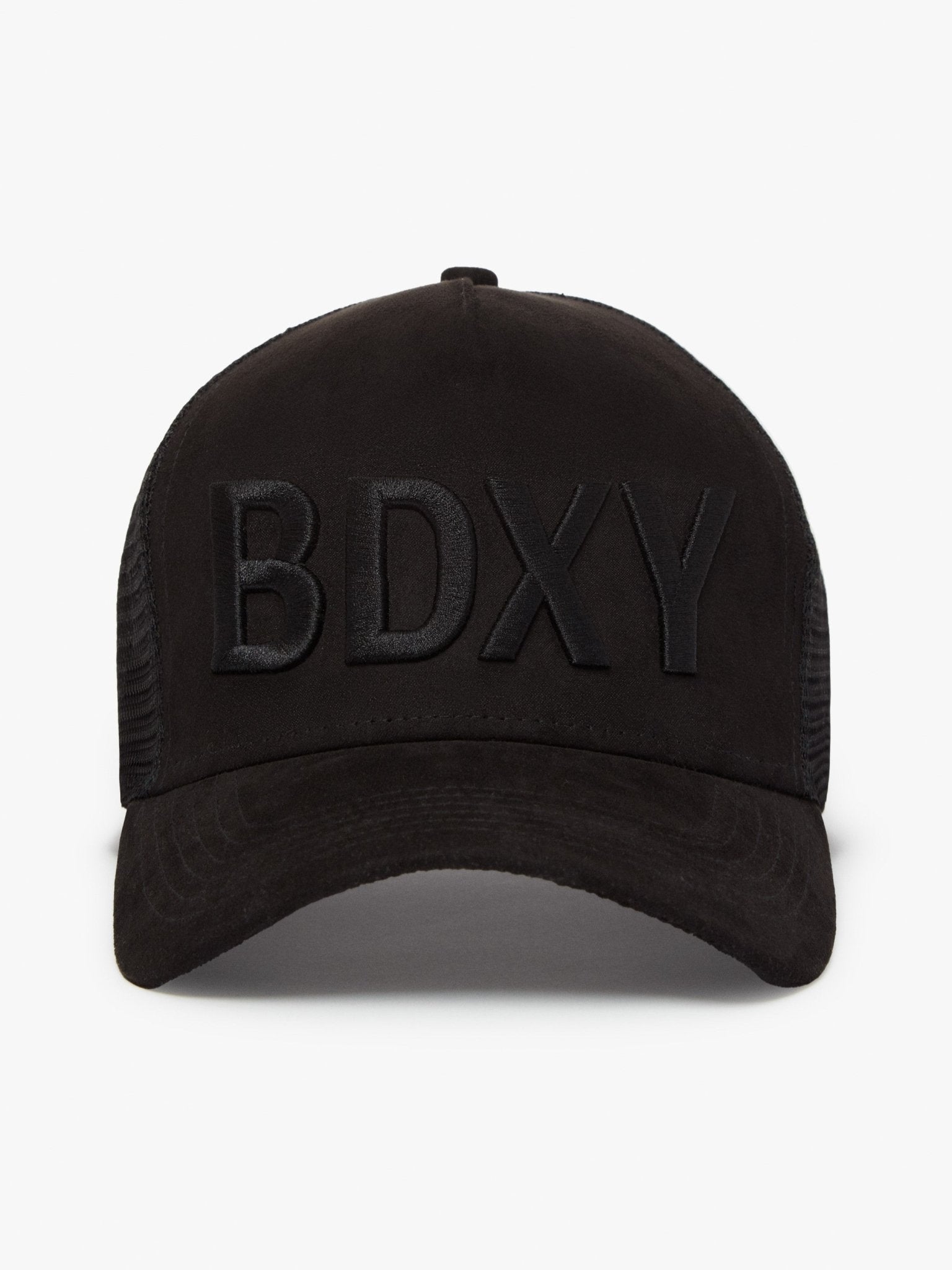 Black "The Gaffer" trucker cap by BDXY Studios featuring mesh back and curved brim, casual outdoor style.