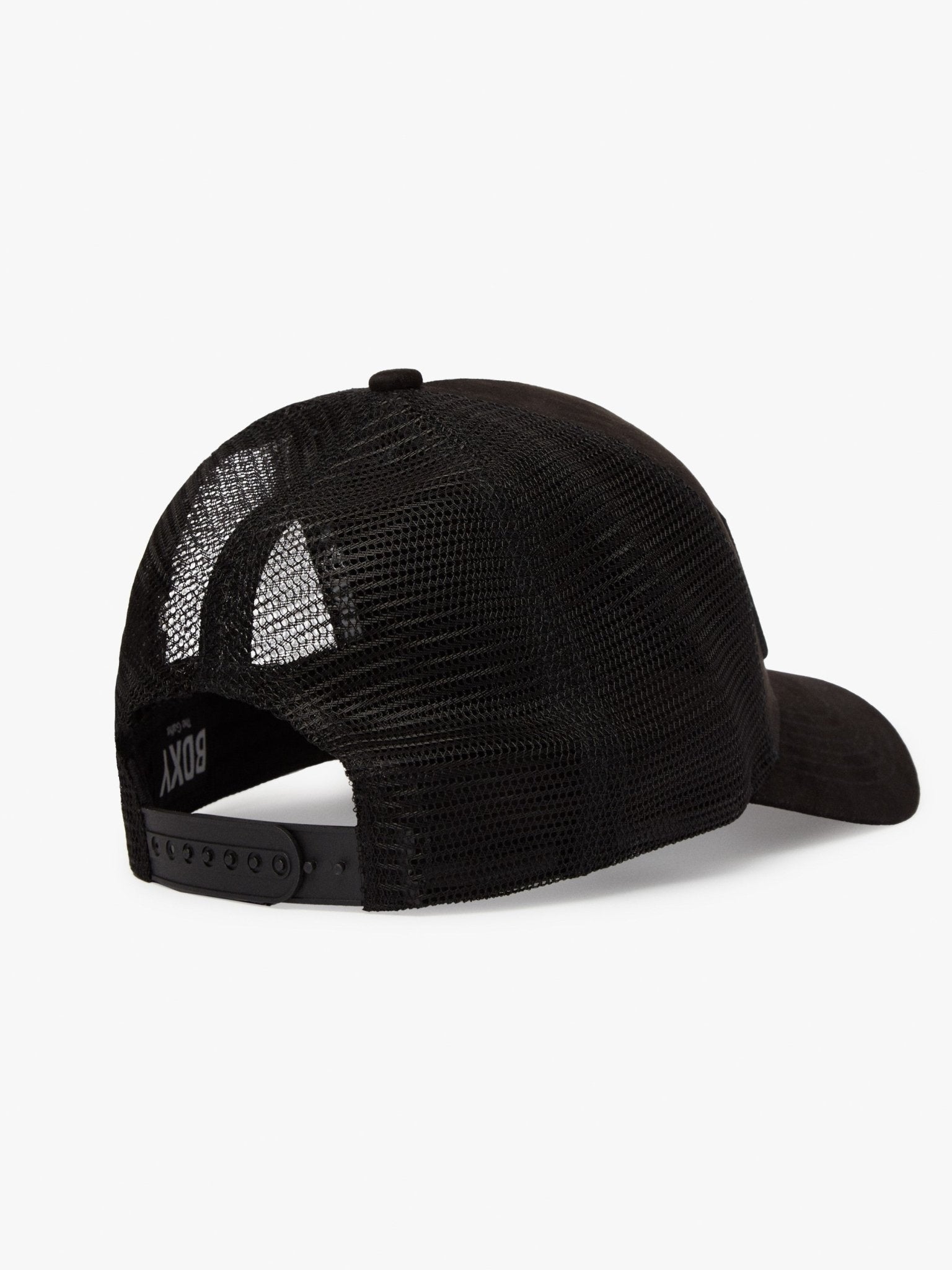 Black "The Gaffer" Trucker Cap by BDXY Studios, featuring a mesh back and curved brim, displayed on a white background.