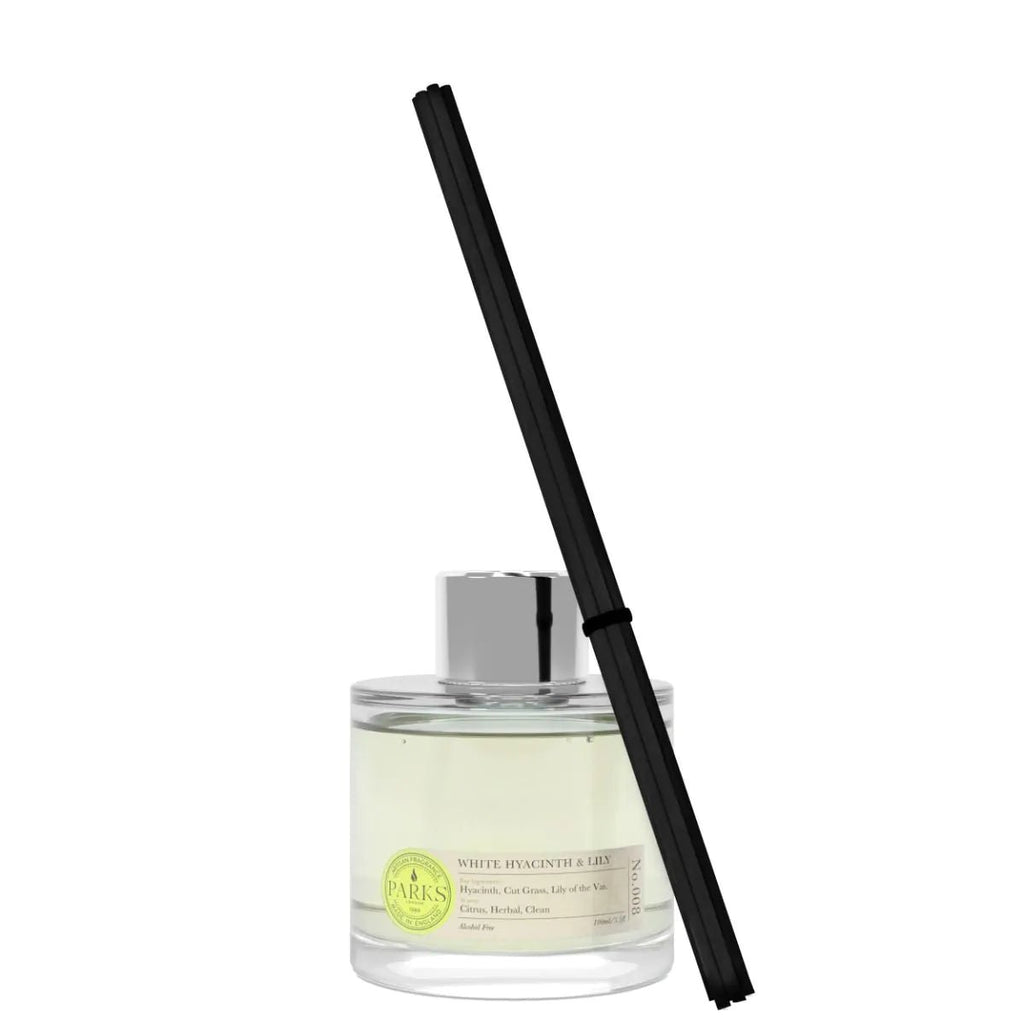 White hyacinth and lily reed diffuser in a 100ml glass bottle with reeds, from Parks Candles.
