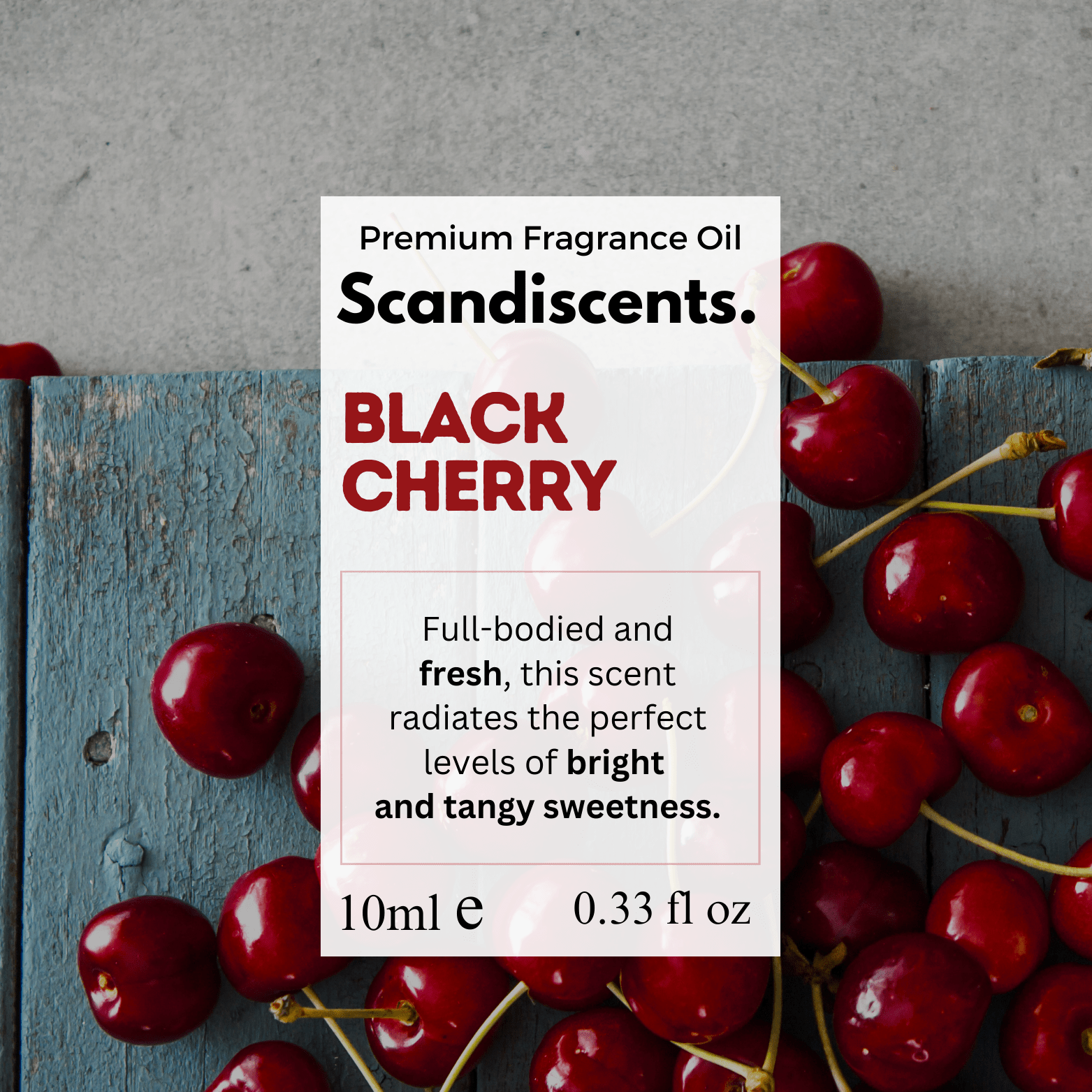 Scandiscents Black Cherry fragrance oil bottle with black cherry fruit and leaves, showcasing the product on a white background.