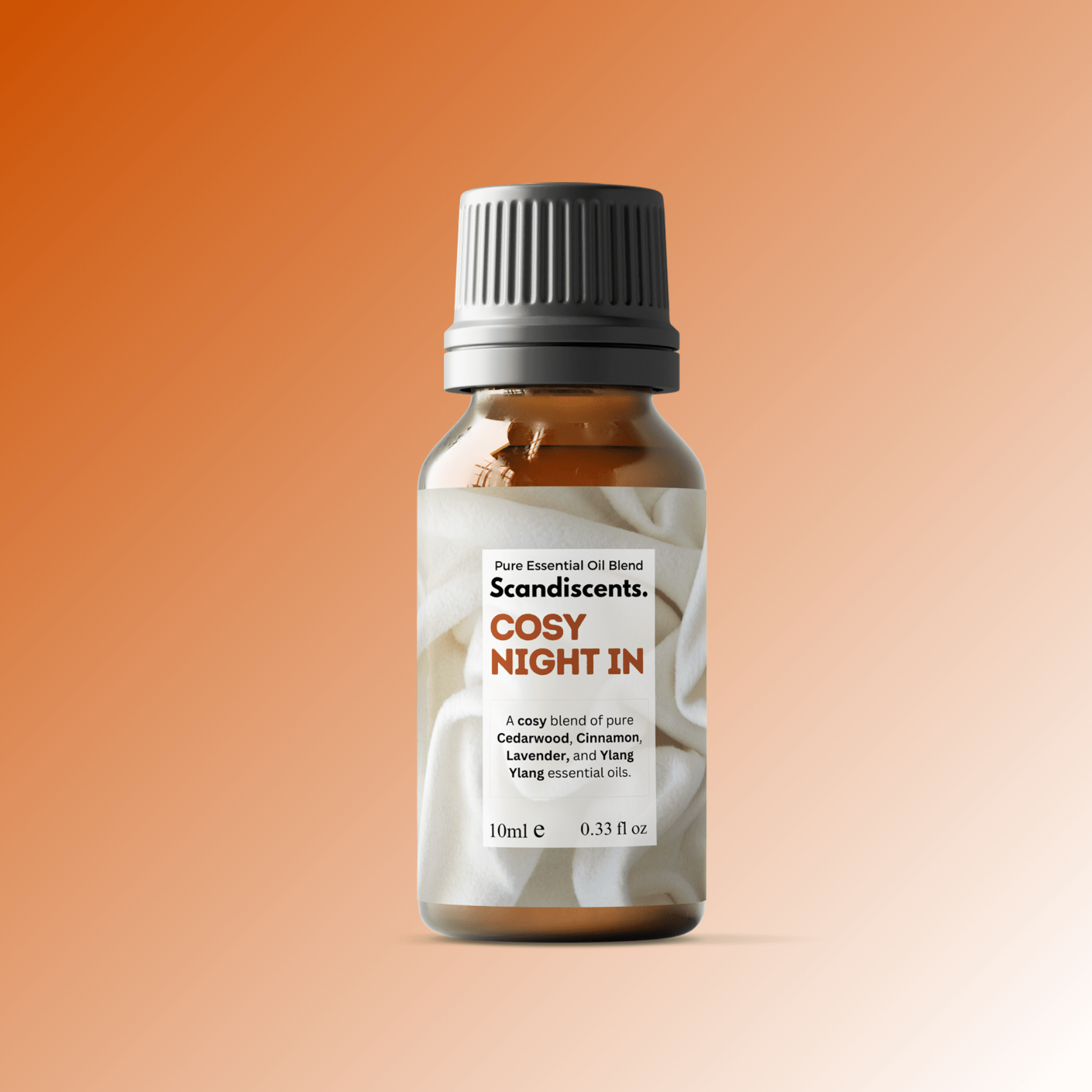 Bottle of Scandiscents Cosy Night In essential oil blend with a cozy, warm label, ideal for relaxing nighttime aromatherapy.