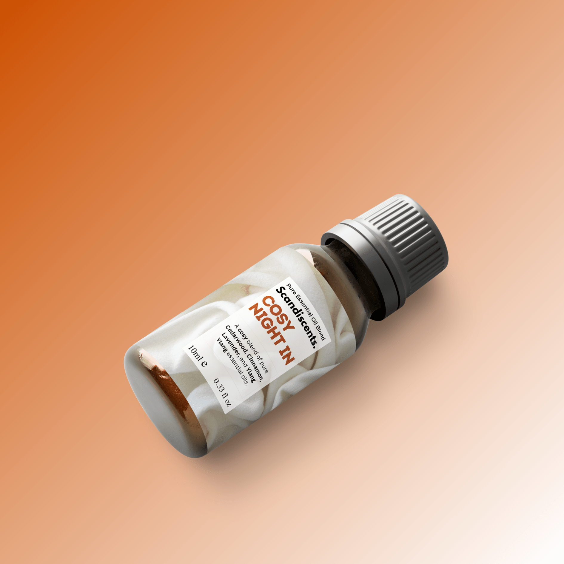Scandiscents Cosy Night In essential oil blend in a glass bottle with a dropper, designed for relaxing nighttime aromatherapy.
