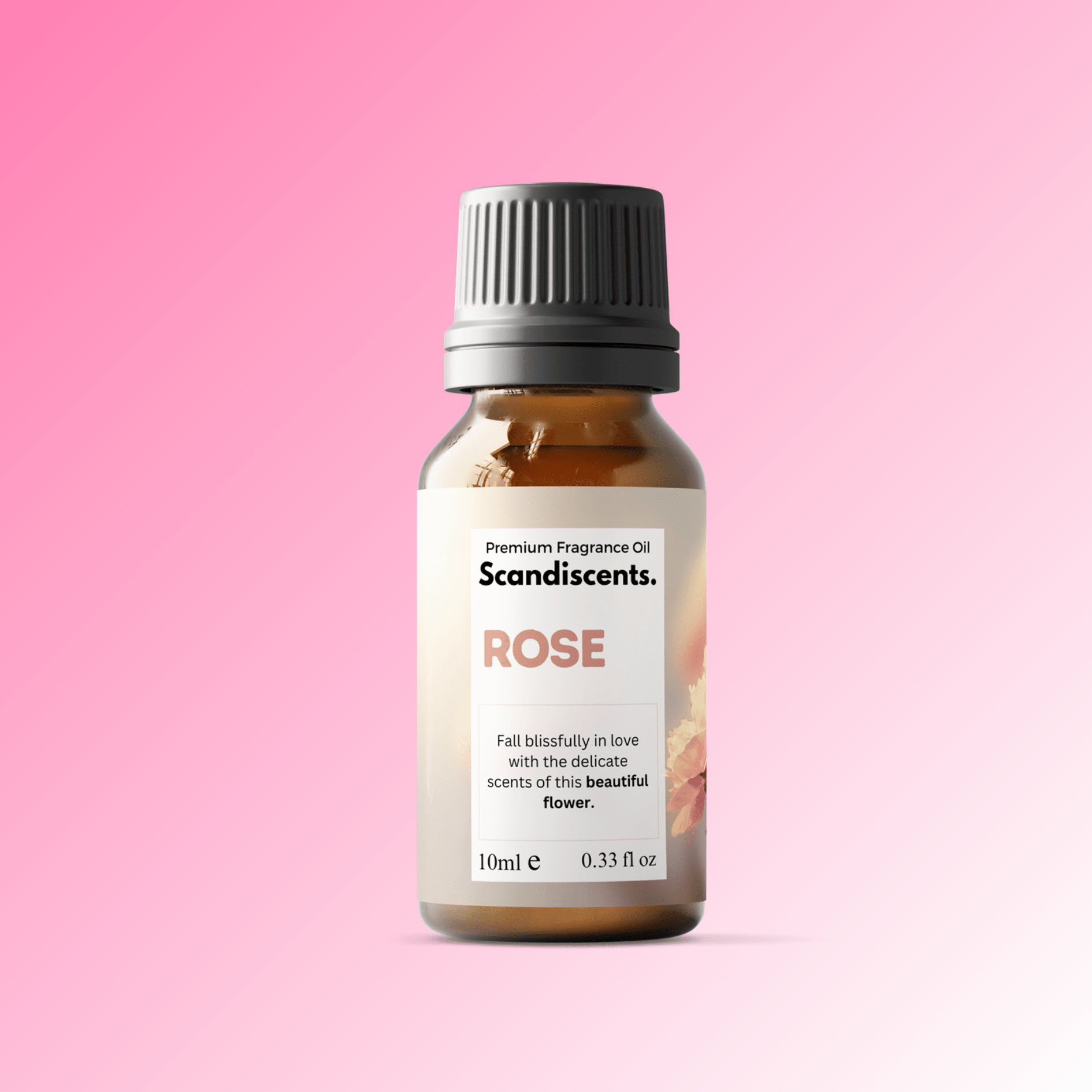 Scandiscents rose fragrance oil bottle with a clear glass container and a white cap, showcasing a floral scent.