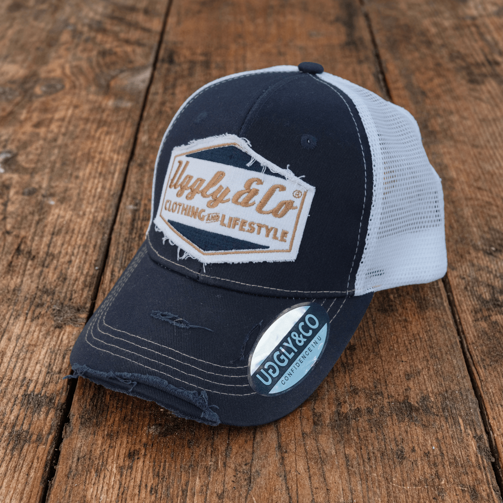 Night blue and gold diamond trucker cap by Uggly and Co featuring a mesh back and embroidered diamond design.